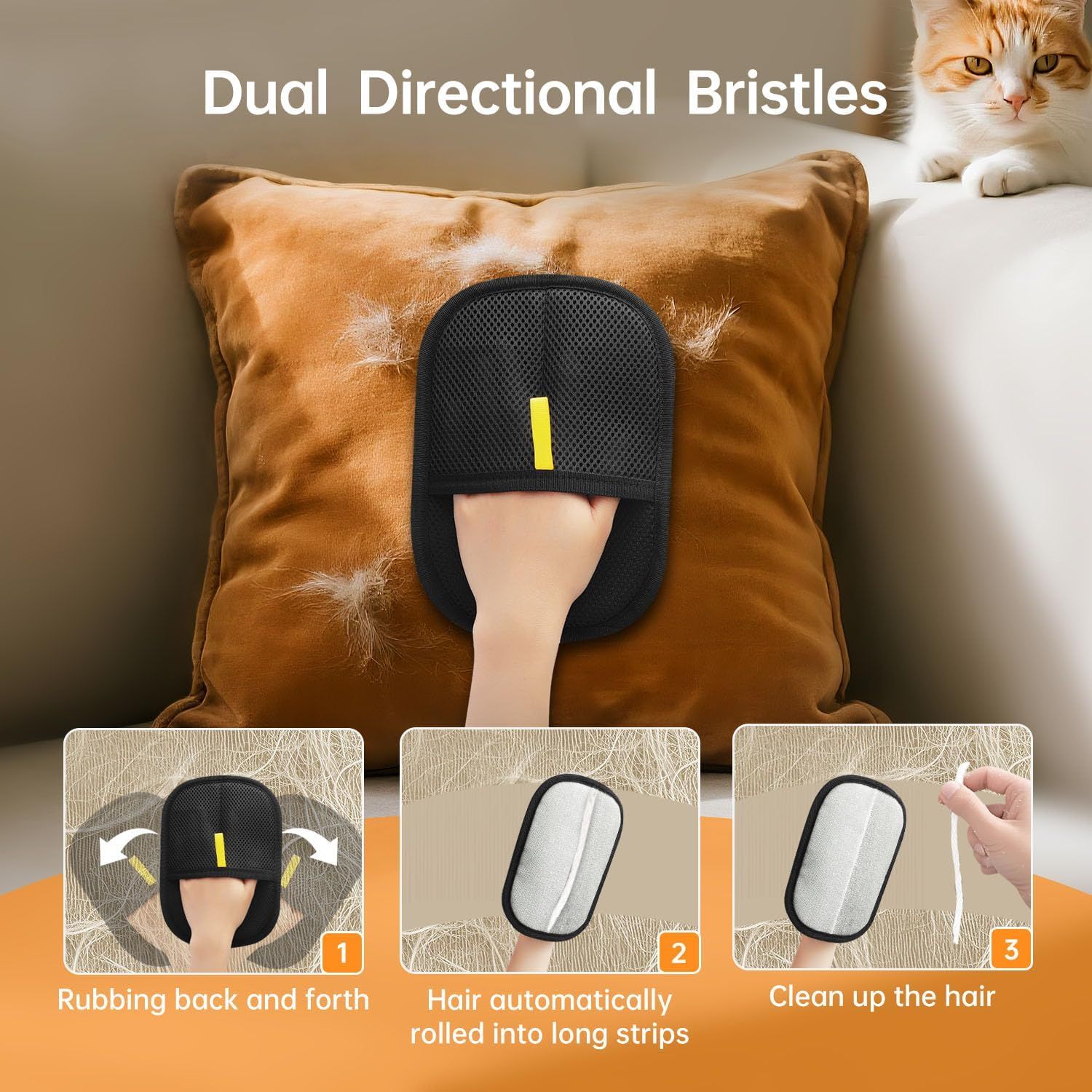 Demonstrates the three-step process for using the pet hair removal brush, showing shoppers how the dual directional bristles work to collect and clean pet hair from furniture. Highlights the key…