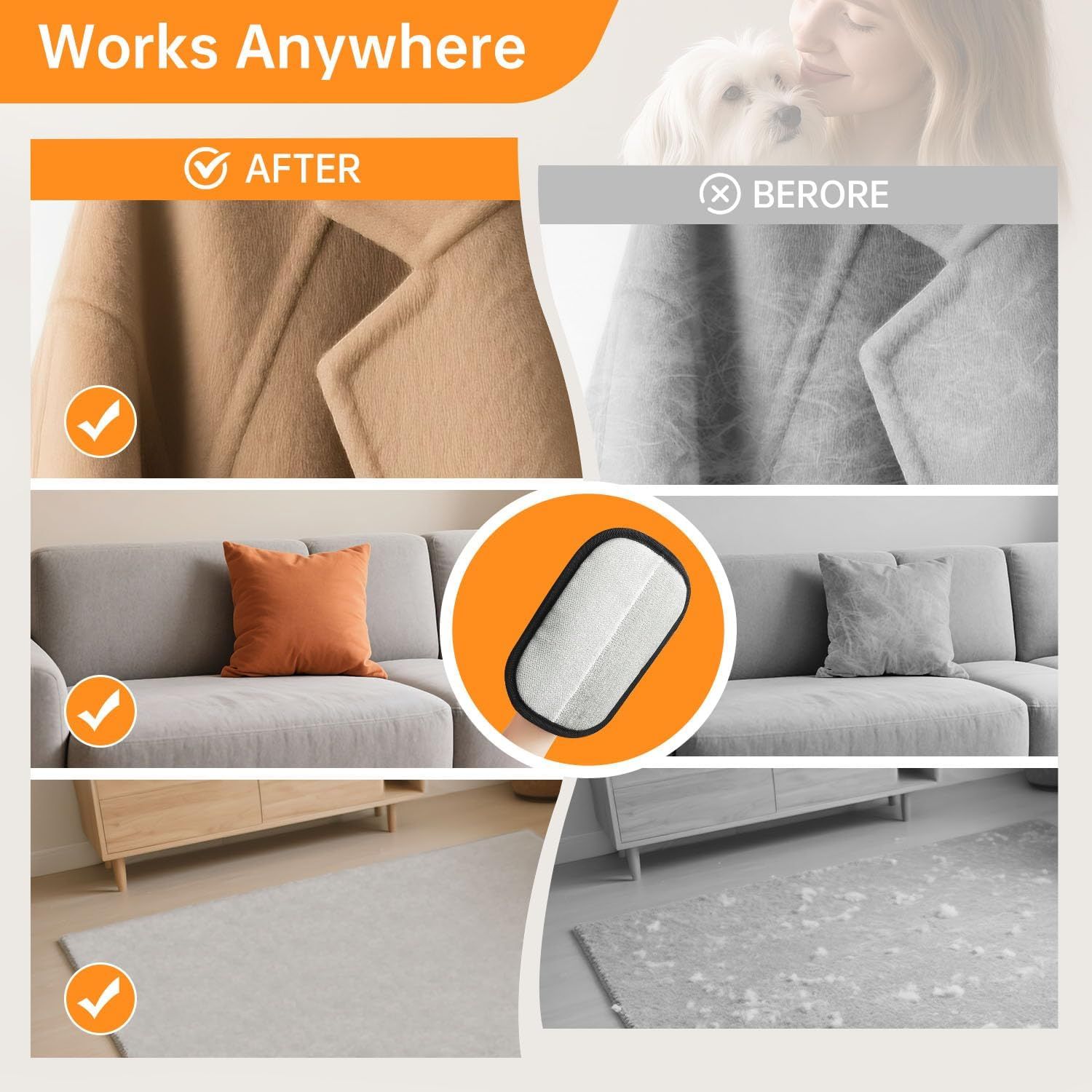 Demonstrates the product's effectiveness at removing pet hair and lint from multiple surfaces (clothing, furniture, floors) by showing clear before-and-after transformations. Shows the product works…