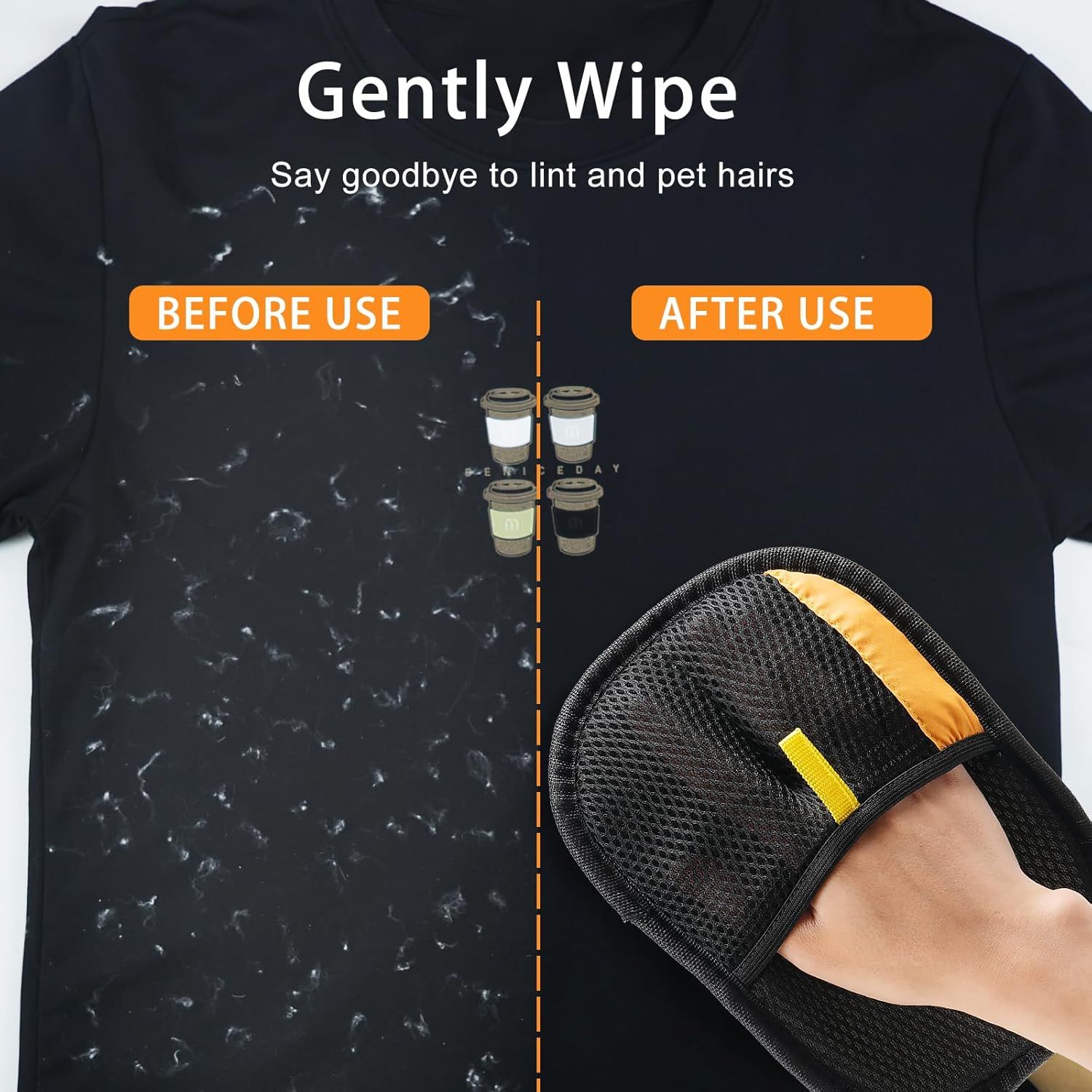 Demonstrates the product's effectiveness by showing a clear before-and-after transformation—removing lint and pet hairs from fabric to reassure shoppers of its cleaning performance.