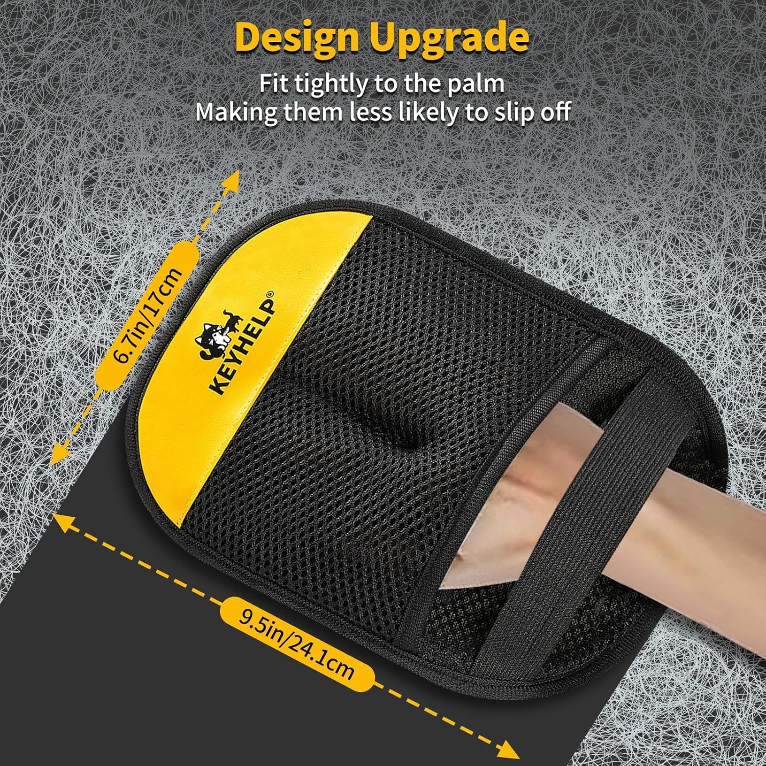 Communicates the exact physical dimensions of the product (6.7in x 9.5in) while highlighting the design upgrade that ensures a tight, secure fit to the palm to prevent slipping. Reassures shoppers…