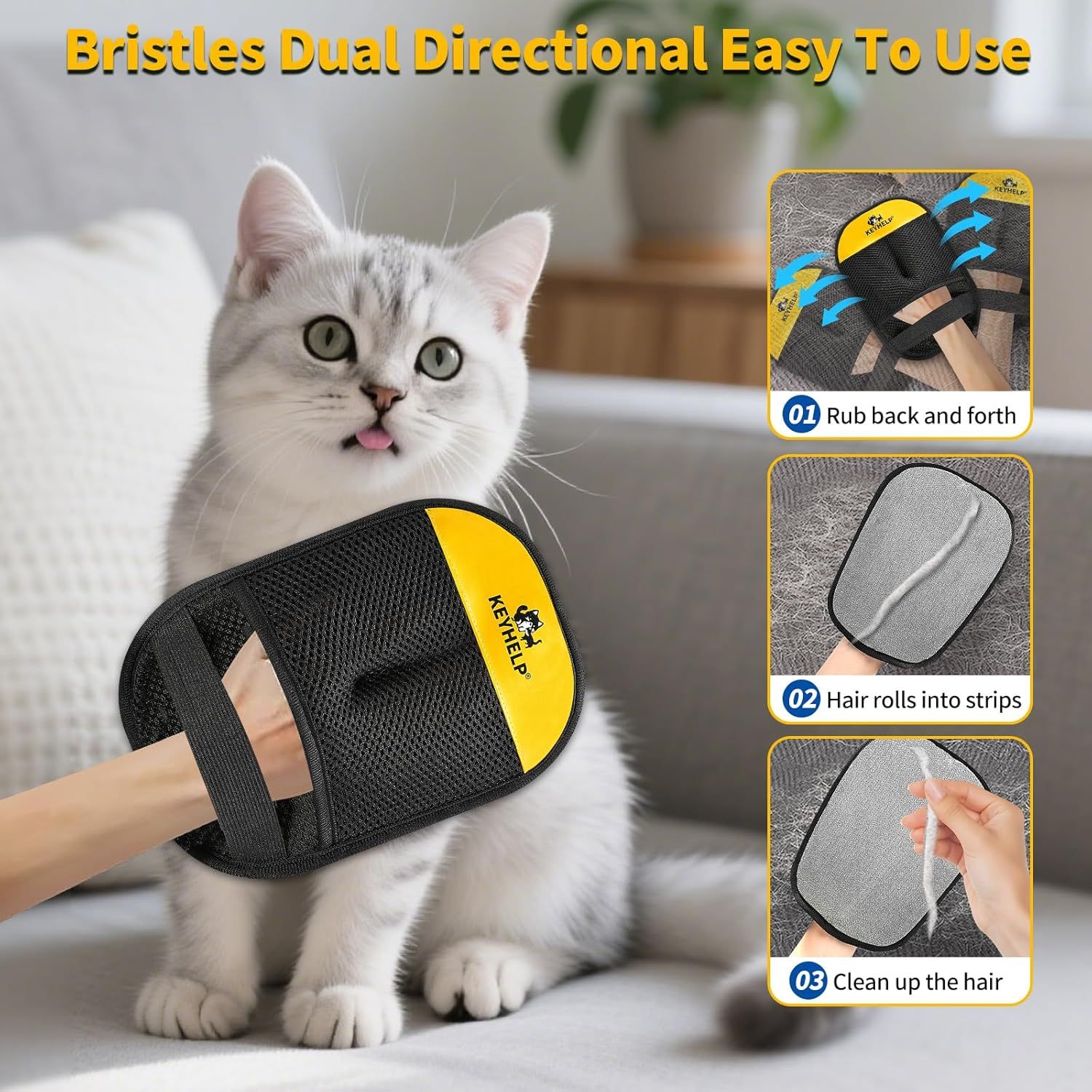 Demonstrates the three-step process for using the pet grooming mitt: rub back and forth to collect hair, watch hair roll into strips, and clean up the collected hair. Reassures shoppers that the…
