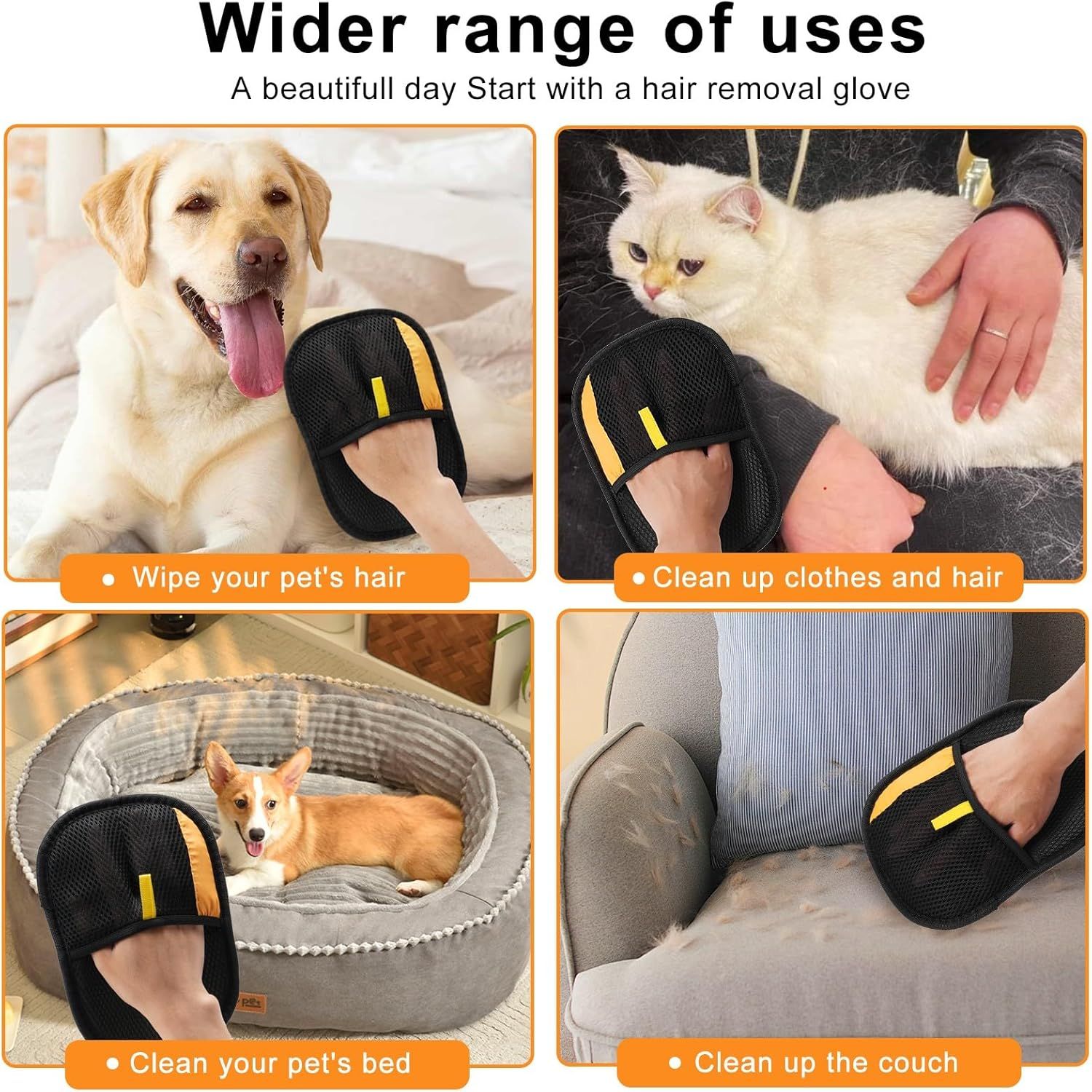 Demonstrates the versatility of the hair removal glove by showing it can be used in multiple scenarios: grooming pets, cleaning clothes, cleaning pet beds, and cleaning furniture.