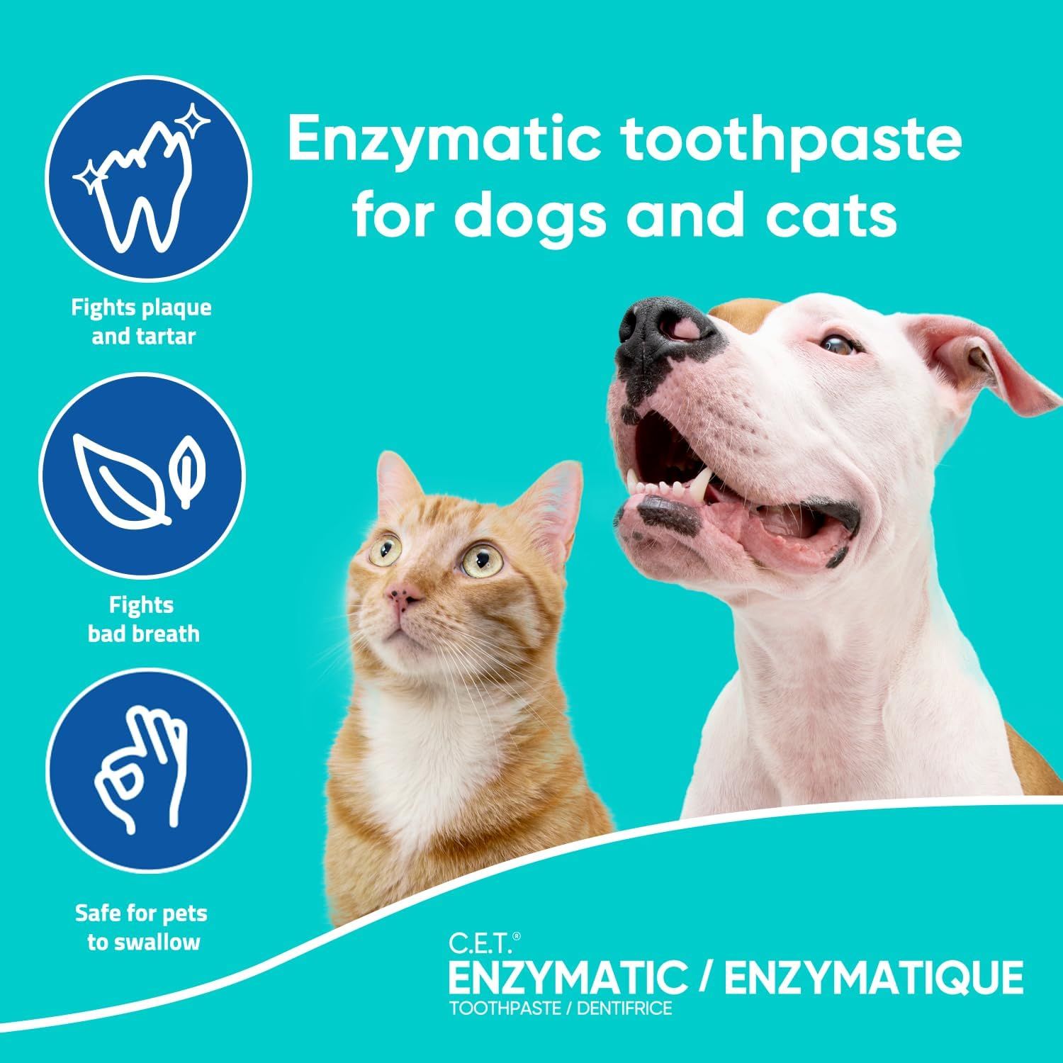 Communicates multiple distinct benefits of the enzymatic toothpaste in a visually segmented layout with icons, reassuring pet owners that the product addresses dental health, breath freshness, and…