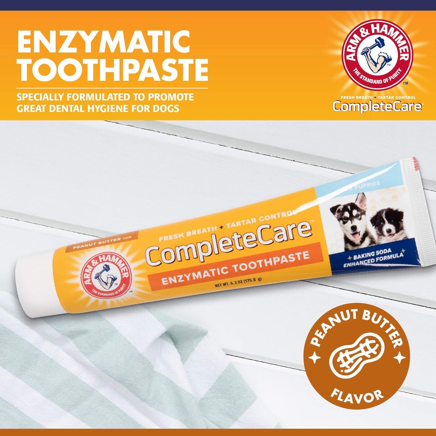 Communicates multiple distinct benefits of the dog toothpaste including enzymatic cleaning, breath freshening, tartar control, and appealing peanut butter flavor to convince pet owners this is a…