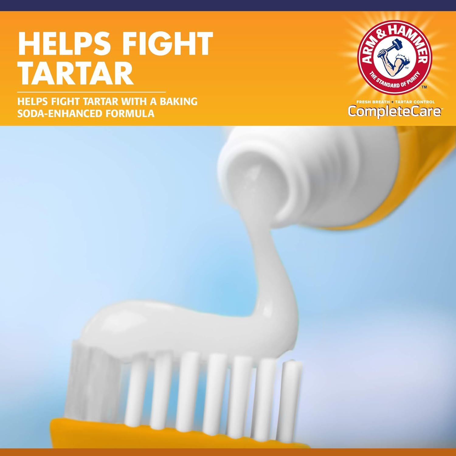Communicates the product's key benefit of fighting tartar buildup using a baking soda-enhanced formula, reassuring shoppers of its effectiveness for oral health.