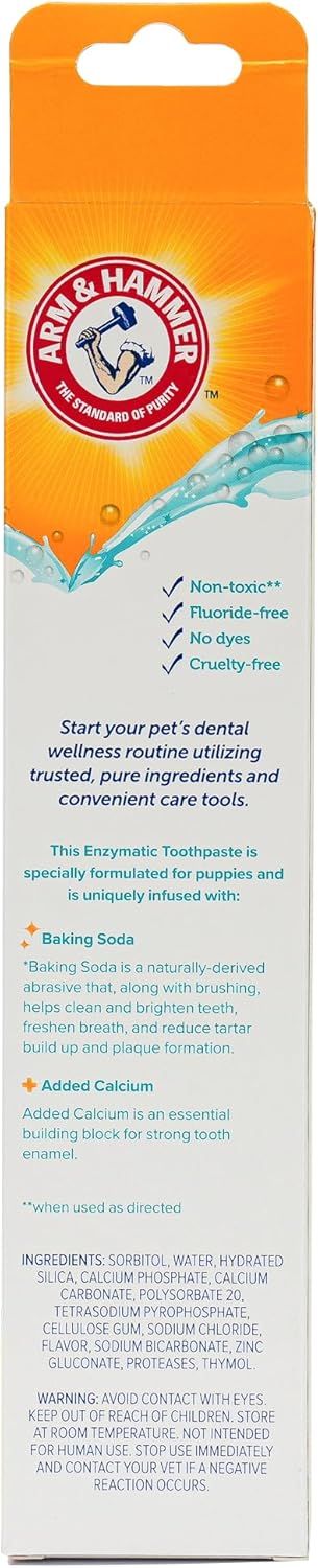 Communicates multiple product benefits and ingredients to reassure pet owners that the toothpaste is safe, effective, and formulated with trusted ingredients for their pet's dental health.