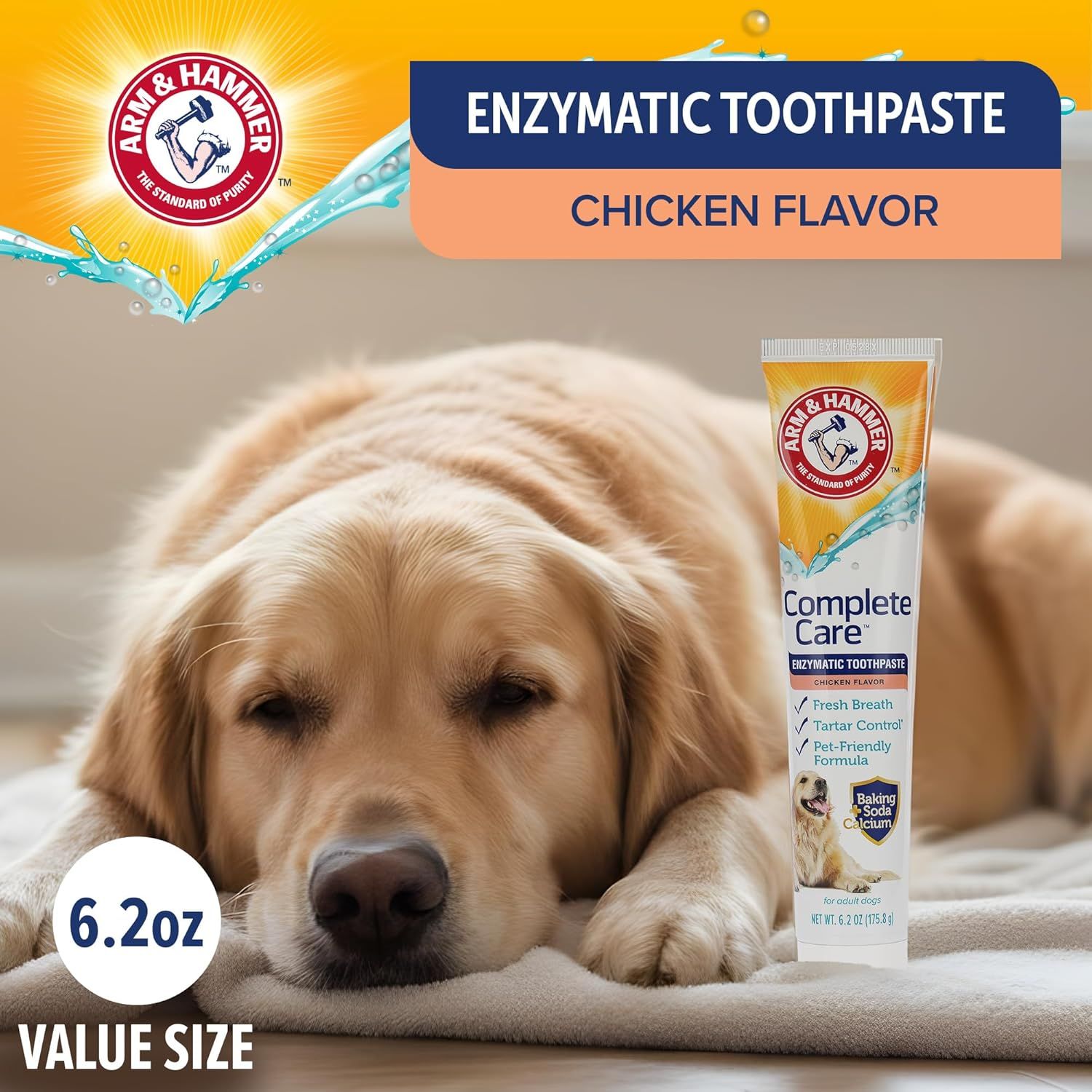 Communicates the product's enzymatic toothpaste formula with chicken flavor, highlighting key benefits like fresh breath, tartar control, and pet-friendly ingredients to reassure pet owners of its…