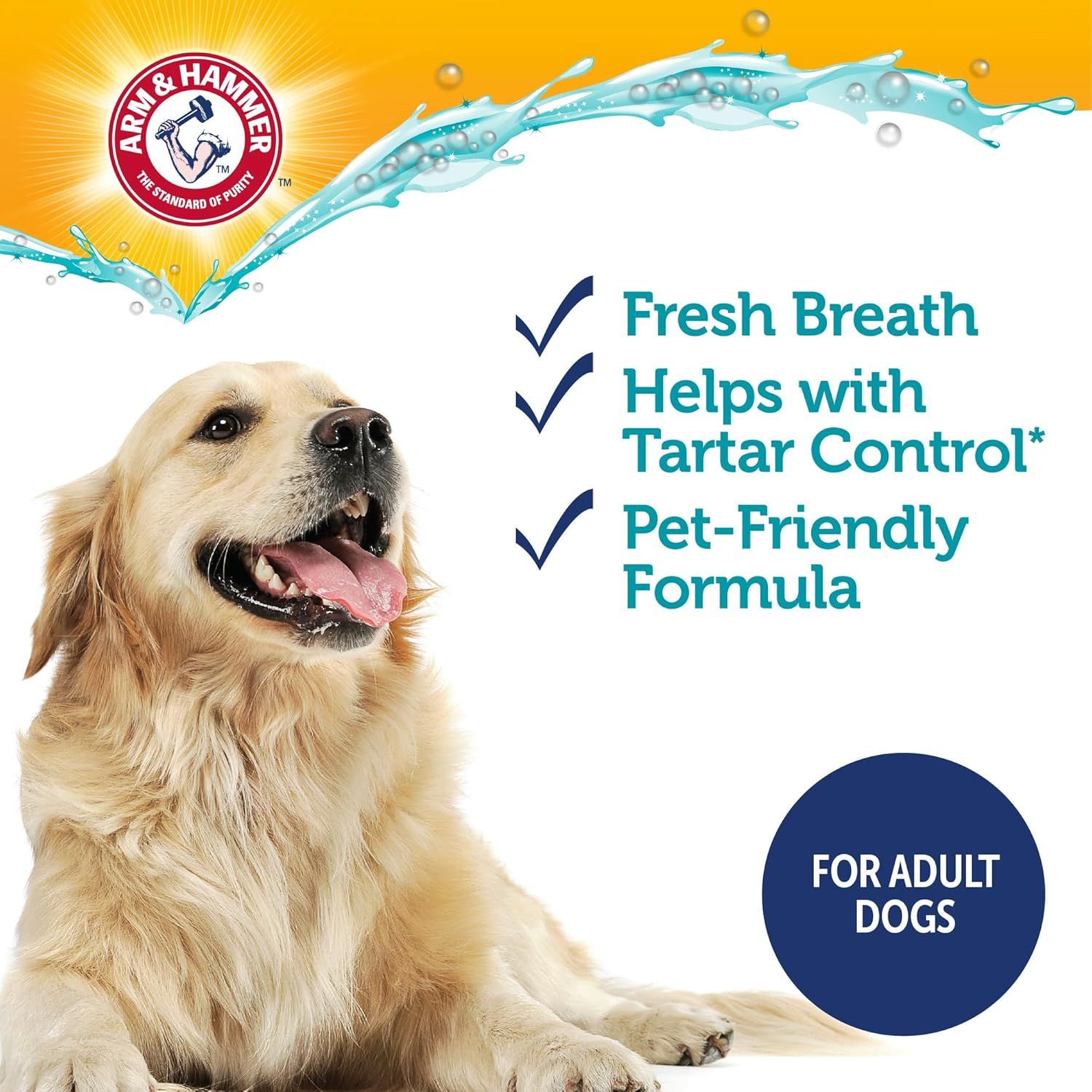 Communicates three distinct product benefits in a checklist format to show shoppers that this pet dental product delivers multiple oral health advantages for adult dogs.