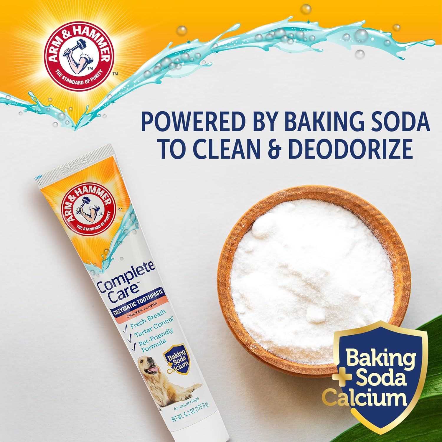 Communicates that the toothpaste is powered by baking soda to deliver cleaning and deodorizing benefits, reassuring shoppers of its natural effectiveness.