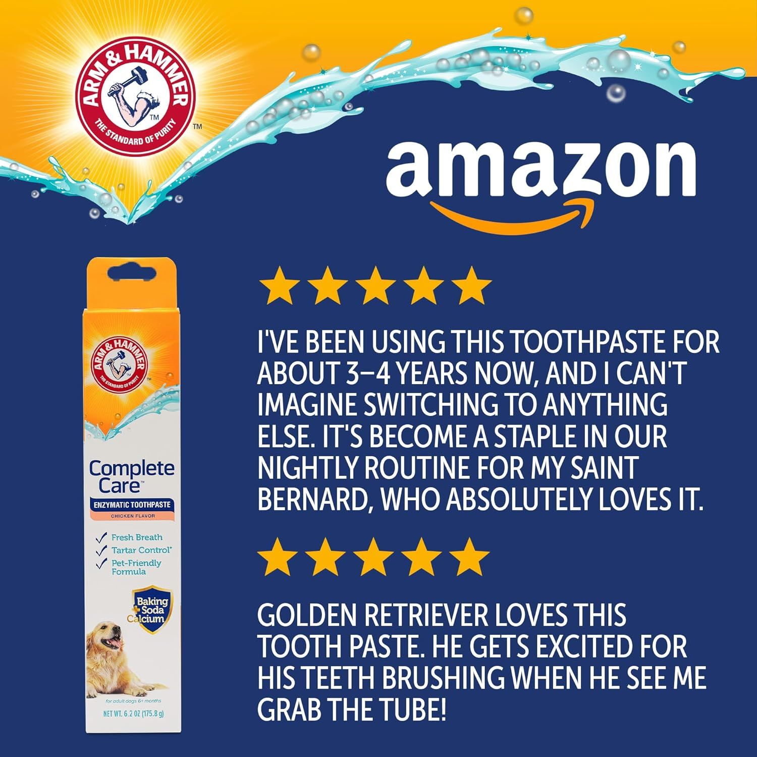 Uses a detailed customer testimonial with 5-star ratings to build trust and social proof, emphasizing product effectiveness and pet enjoyment over years of use. Presents authentic customer feedback…