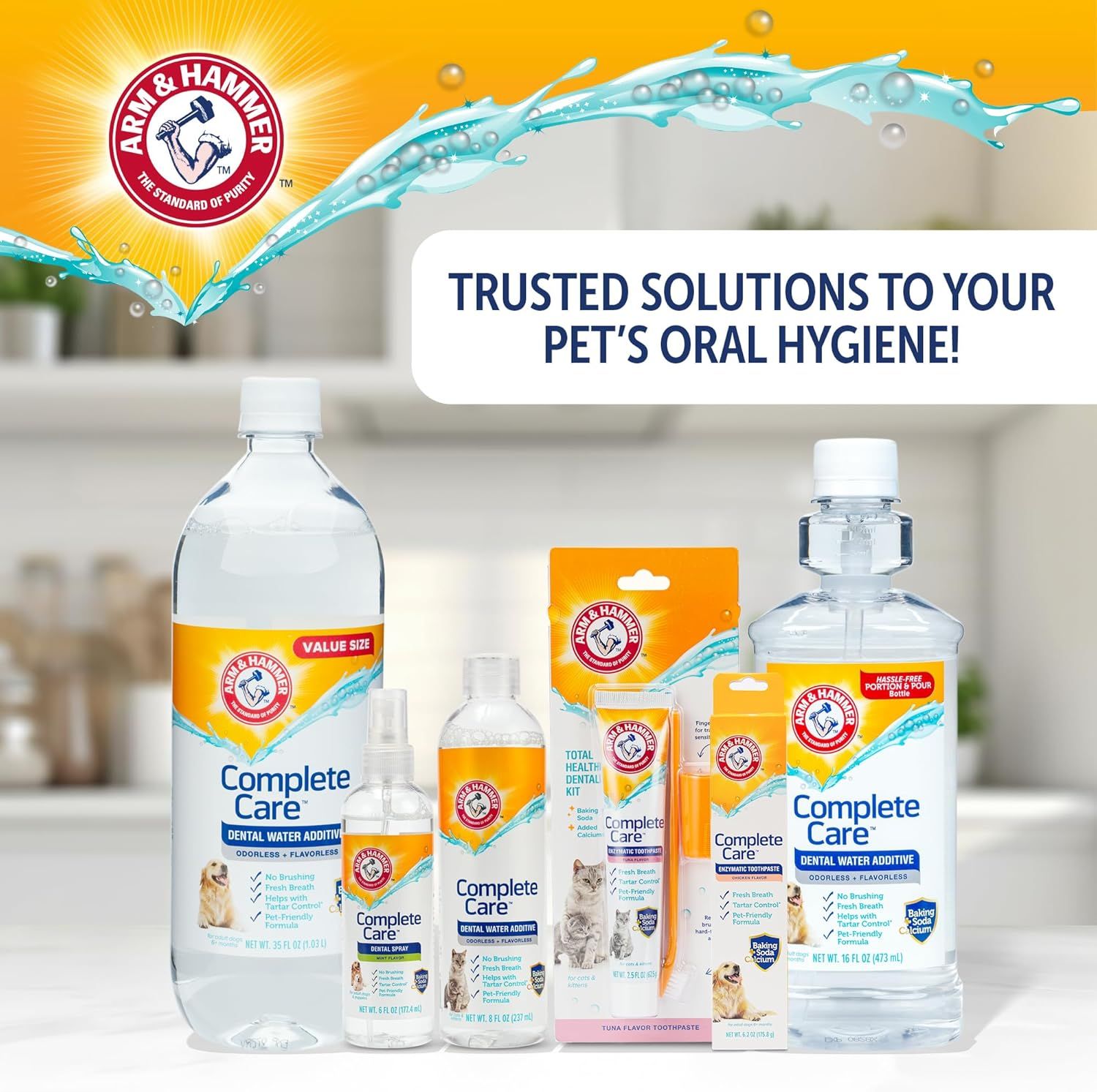 Showcases the Arm & Hammer Complete Care product line for pet oral hygiene, emphasizing brand trust and the variety of solutions available to shoppers.