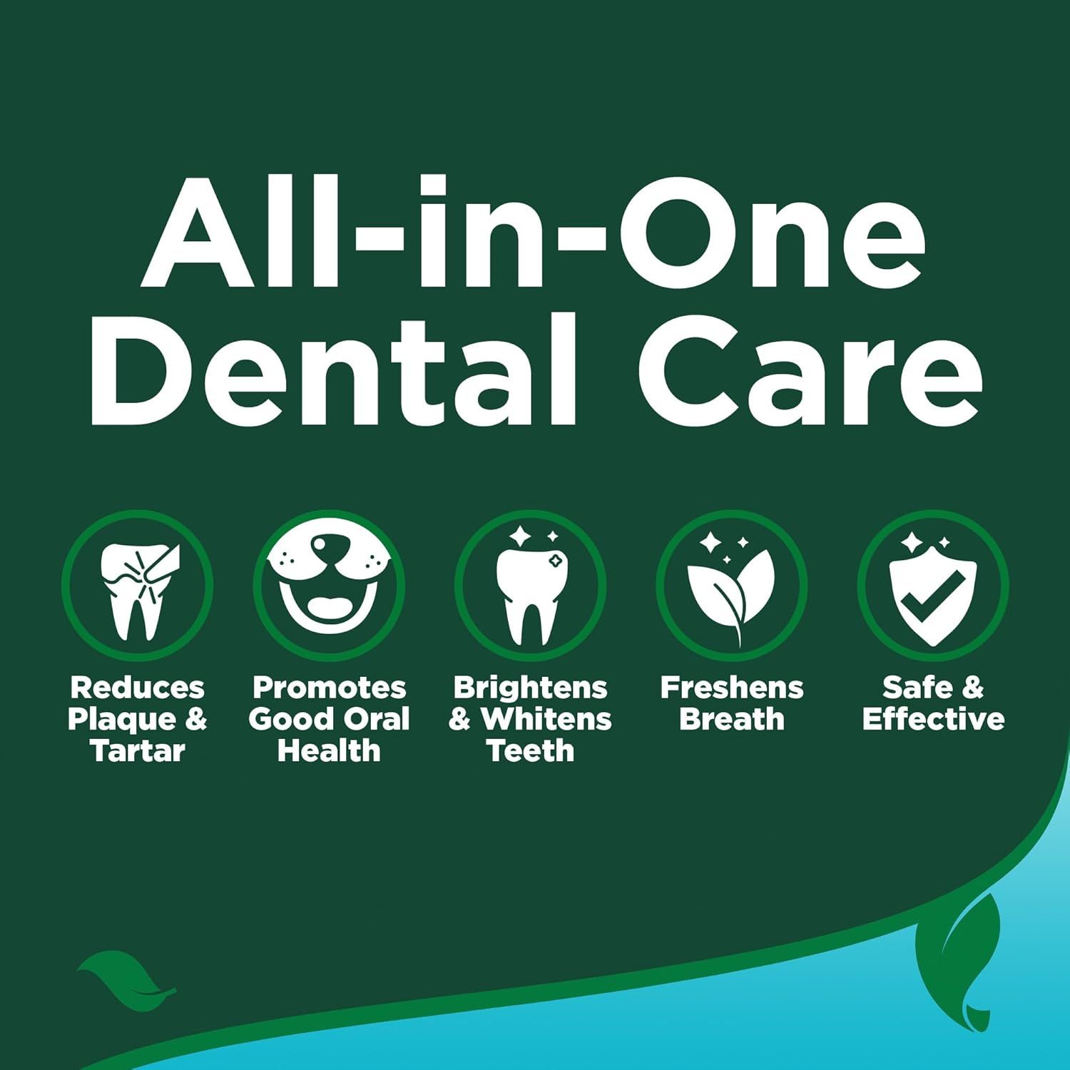 Communicates the comprehensive dental care benefits of the product by showcasing five distinct advantages in a segmented icon-based layout to reassure shoppers of its all-in-one effectiveness.