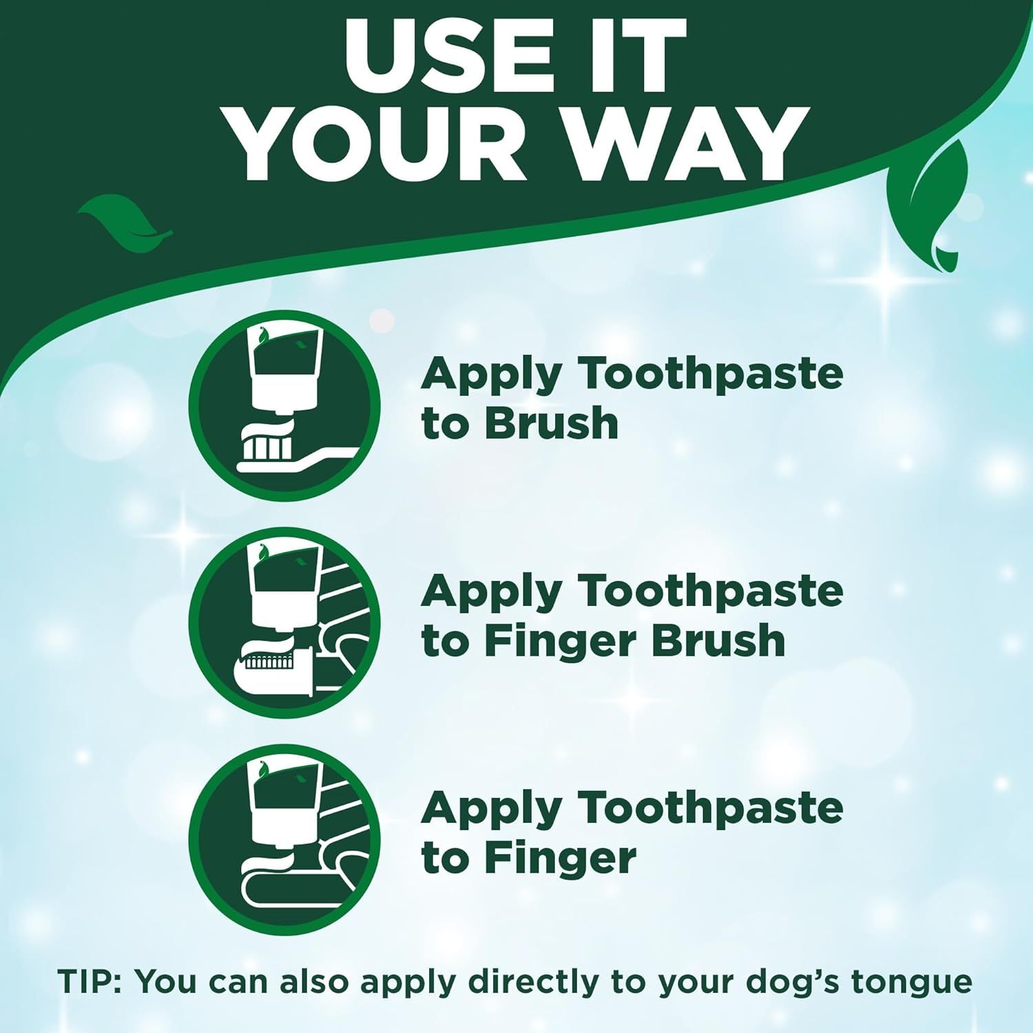 Demonstrates three different ways to apply the toothpaste product, giving pet owners flexibility in how they use it with their dog. Shows multiple application scenarios for the product, emphasizing…
