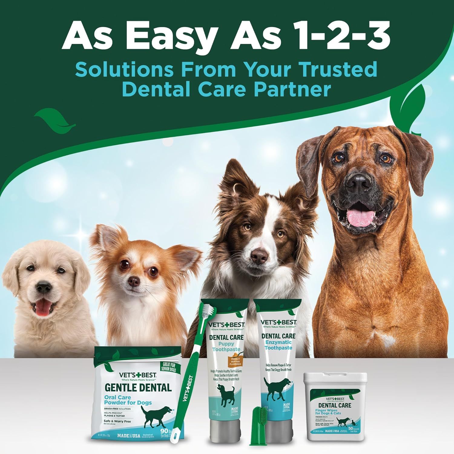 Showcases the brand's complete dental care product lineup for dogs, positioning Vet's Best as a trusted partner offering easy-to-use solutions across multiple product formats.