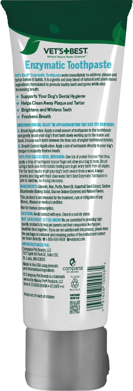 Communicates multiple distinct benefits of the enzymatic toothpaste through a bulleted list format, showing shoppers that the product addresses several dental care needs for their dog.