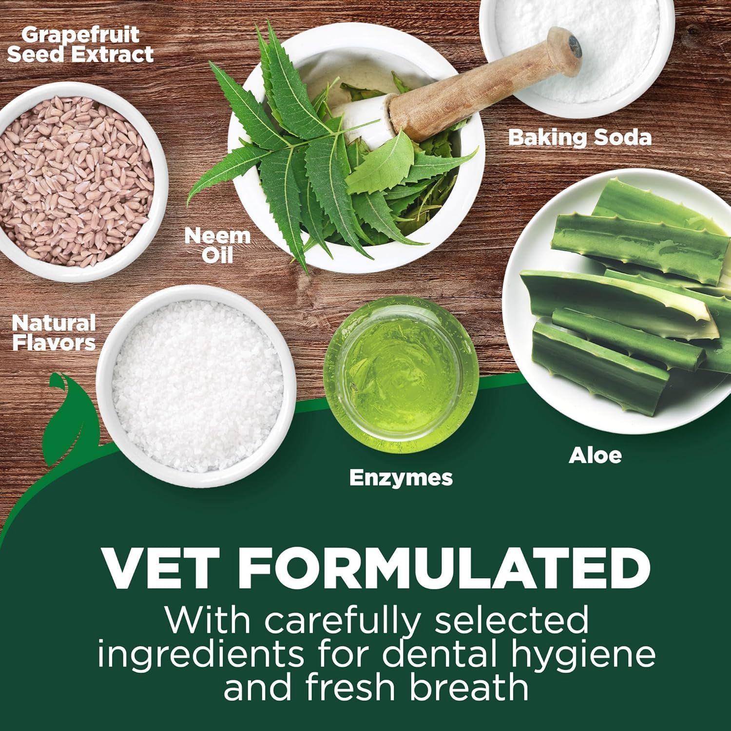 Breaks down the product's natural ingredient composition to reassure pet owners that the dental hygiene formula is vet-formulated with safe, recognizable, plant-based components. Communicates…