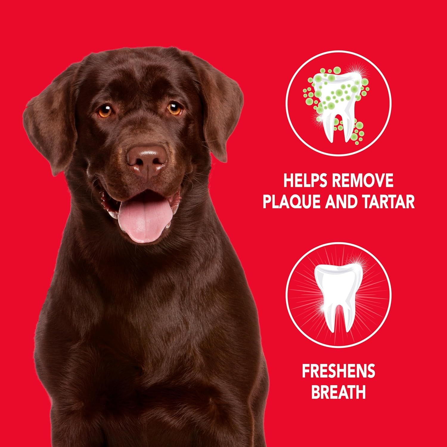 Communicates two distinct dental health benefits of the product in a visually segmented layout to reassure pet owners about oral care effectiveness.