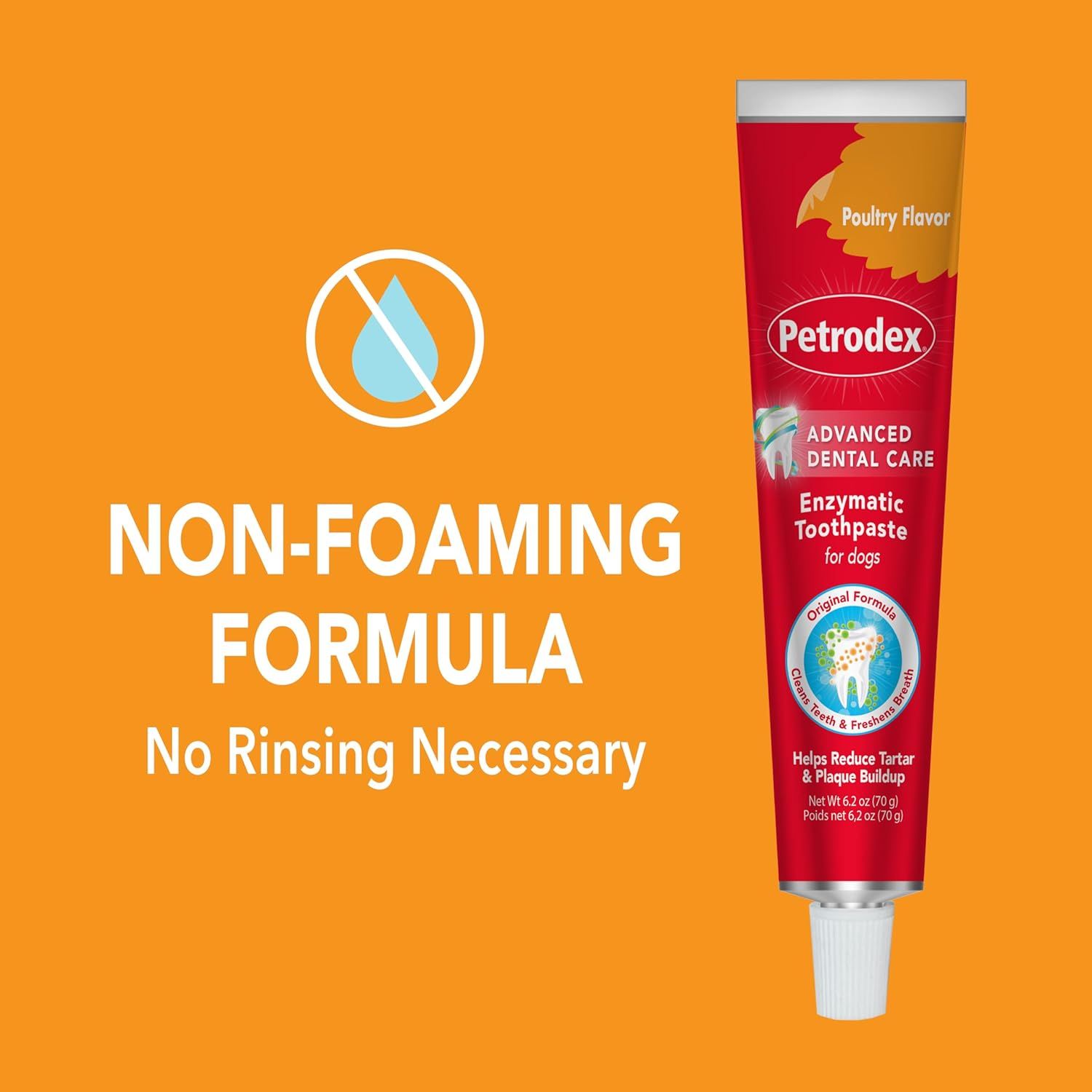 Communicates the convenience of the non-foaming formula that requires no rinsing, making dental care easier for dog owners.