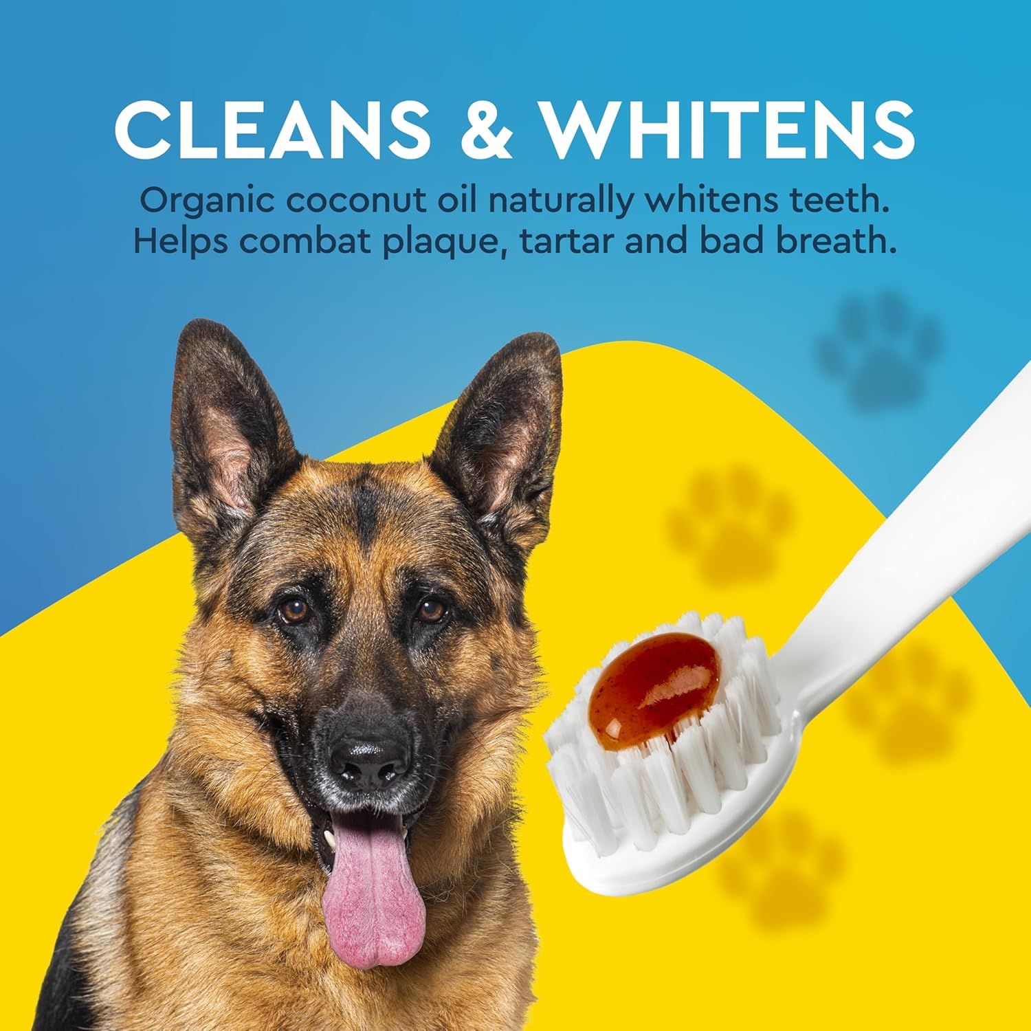 Communicates multiple oral health benefits of the coconut oil toothpaste for dogs, including whitening, plaque/tartar reduction, and breath freshening to reassure pet owners of comprehensive dental…