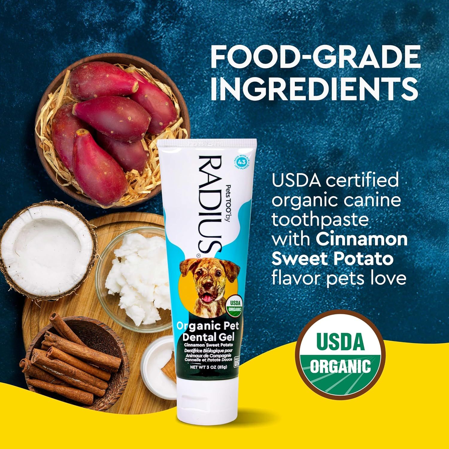 Communicates that the canine toothpaste is made with safe, organic, food-grade ingredients to reassure pet owners about product safety and quality. Highlights the natural, organic composition of the…