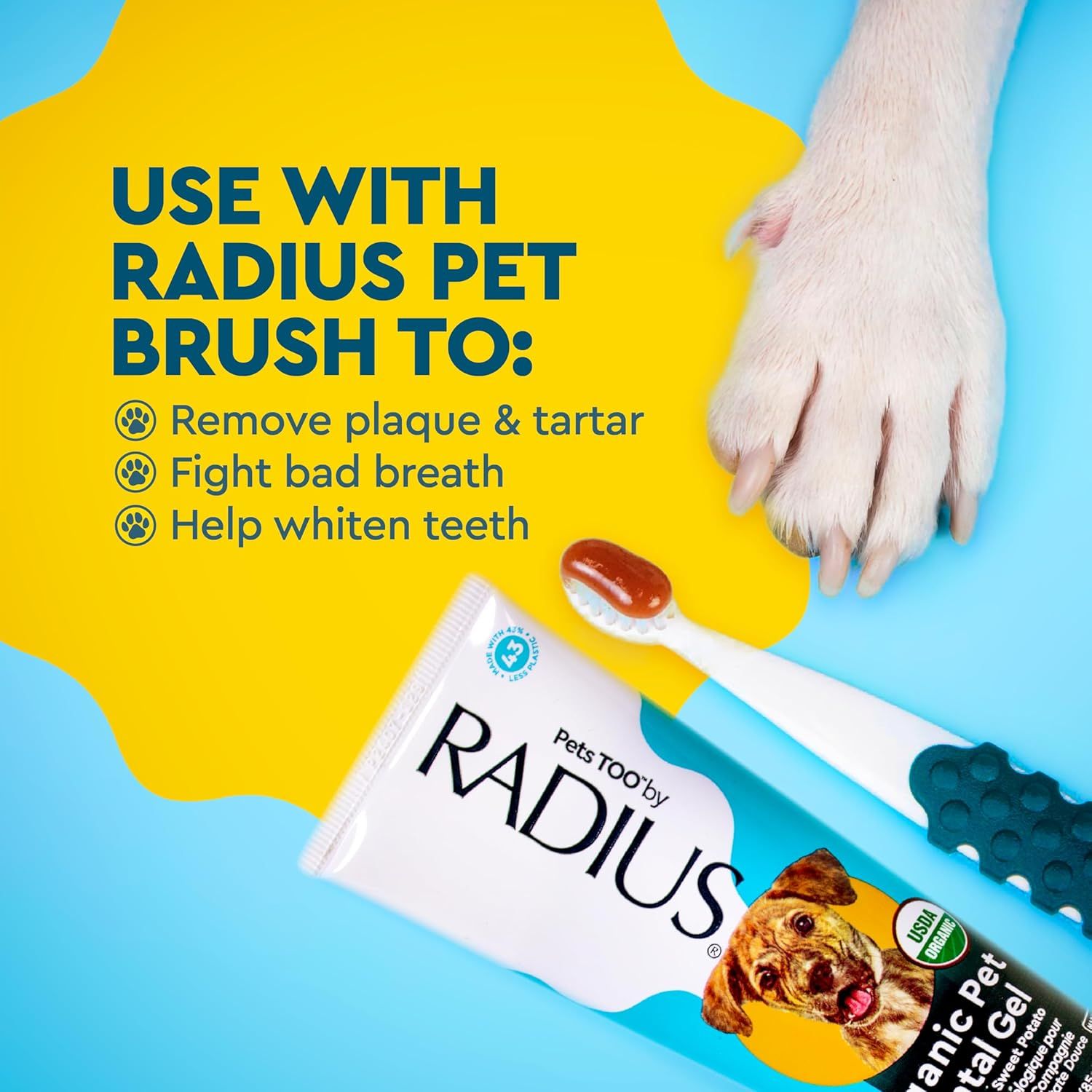 Instructs shoppers on how to use the RADIUS pet toothpaste with a pet brush to achieve three key dental benefits: removing plaque and tartar, fighting bad breath, and whitening teeth. Highlights…