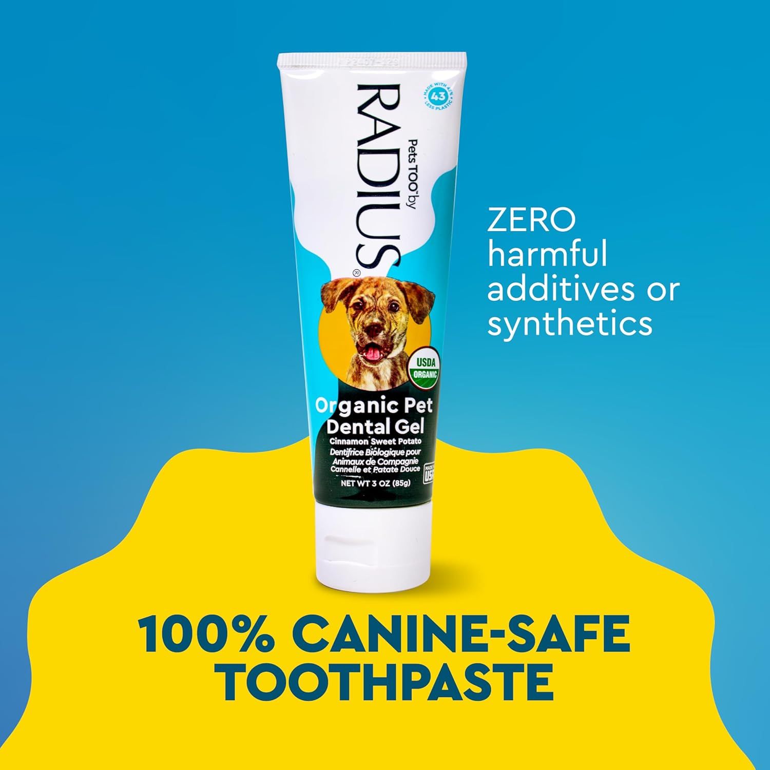 Reassures pet owners that the toothpaste is safe for dogs with no harmful ingredients, certified organic, and specifically formulated for canine use. Communicates the core benefit that this…