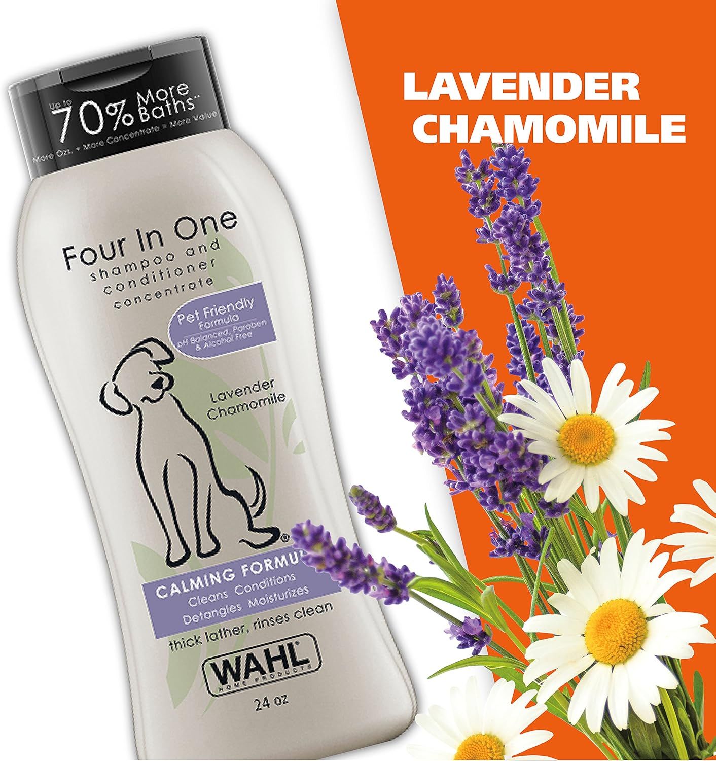 Highlights the calming lavender and chamomile formula to communicate the soothing, gentle nature of this pet shampoo and appeal to pet owners seeking a relaxing grooming experience.