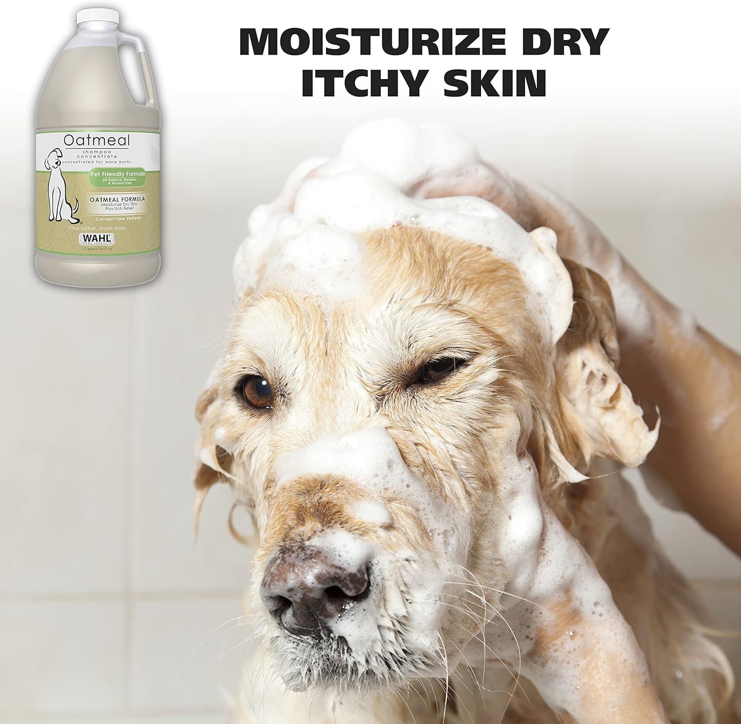 Communicates that the oatmeal shampoo effectively moisturizes and soothes dry, itchy skin on pets, reassuring pet owners about the product's therapeutic benefits.