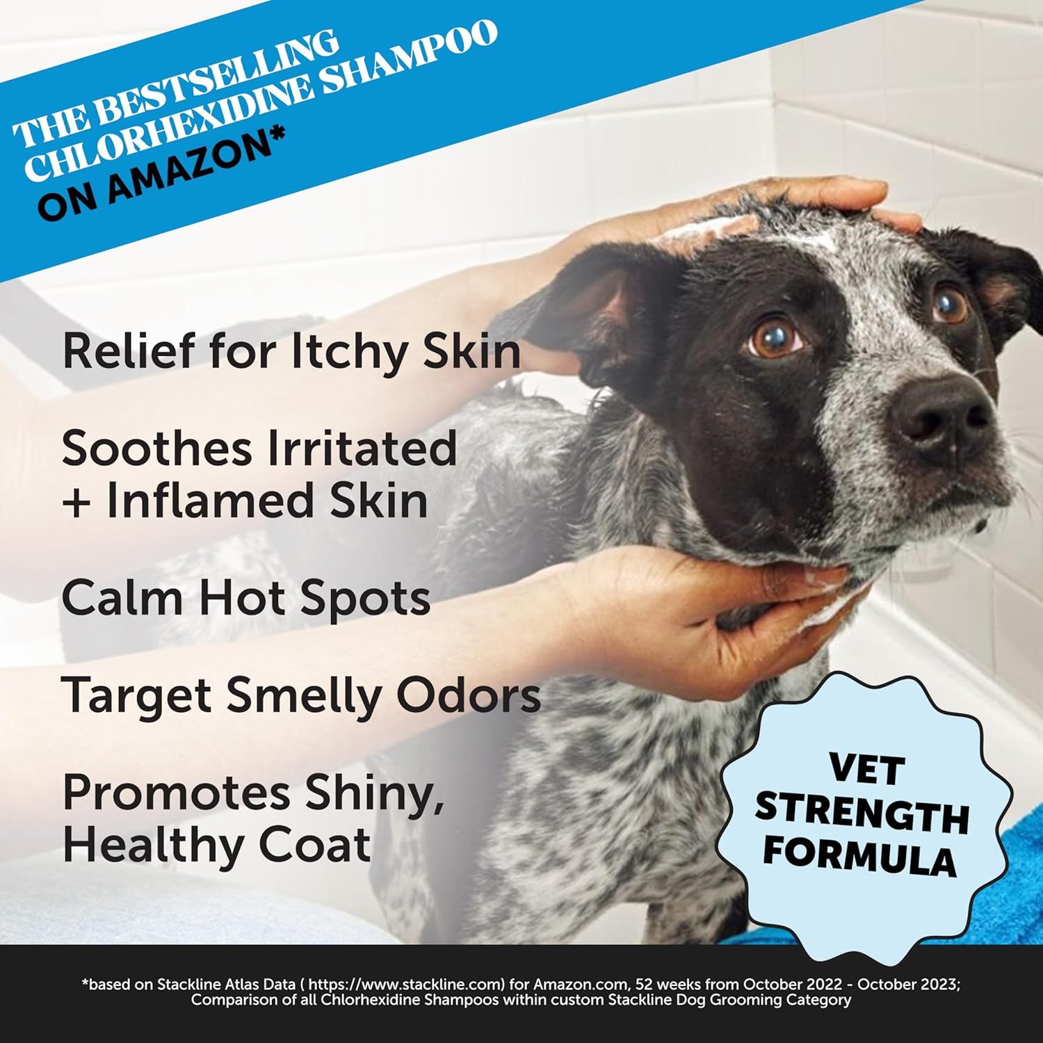 Communicates multiple distinct benefits of the chlorhexidine shampoo in a vertically stacked list format, reassuring shoppers that this product addresses several common dog skin and coat issues.