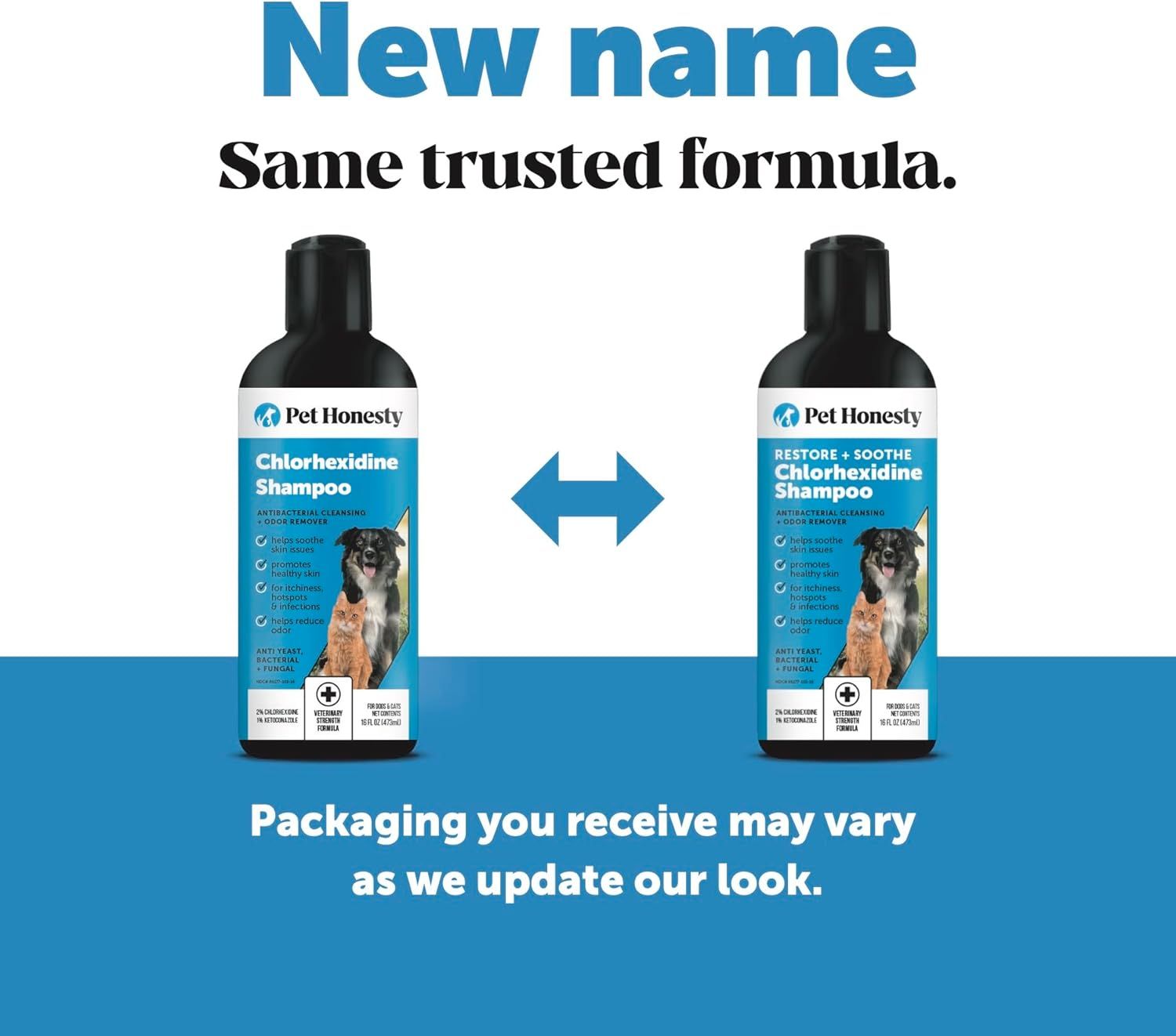 Communicates to shoppers that the product has a new name and updated packaging, but the trusted formula remains the same, providing reassurance during the brand transition.