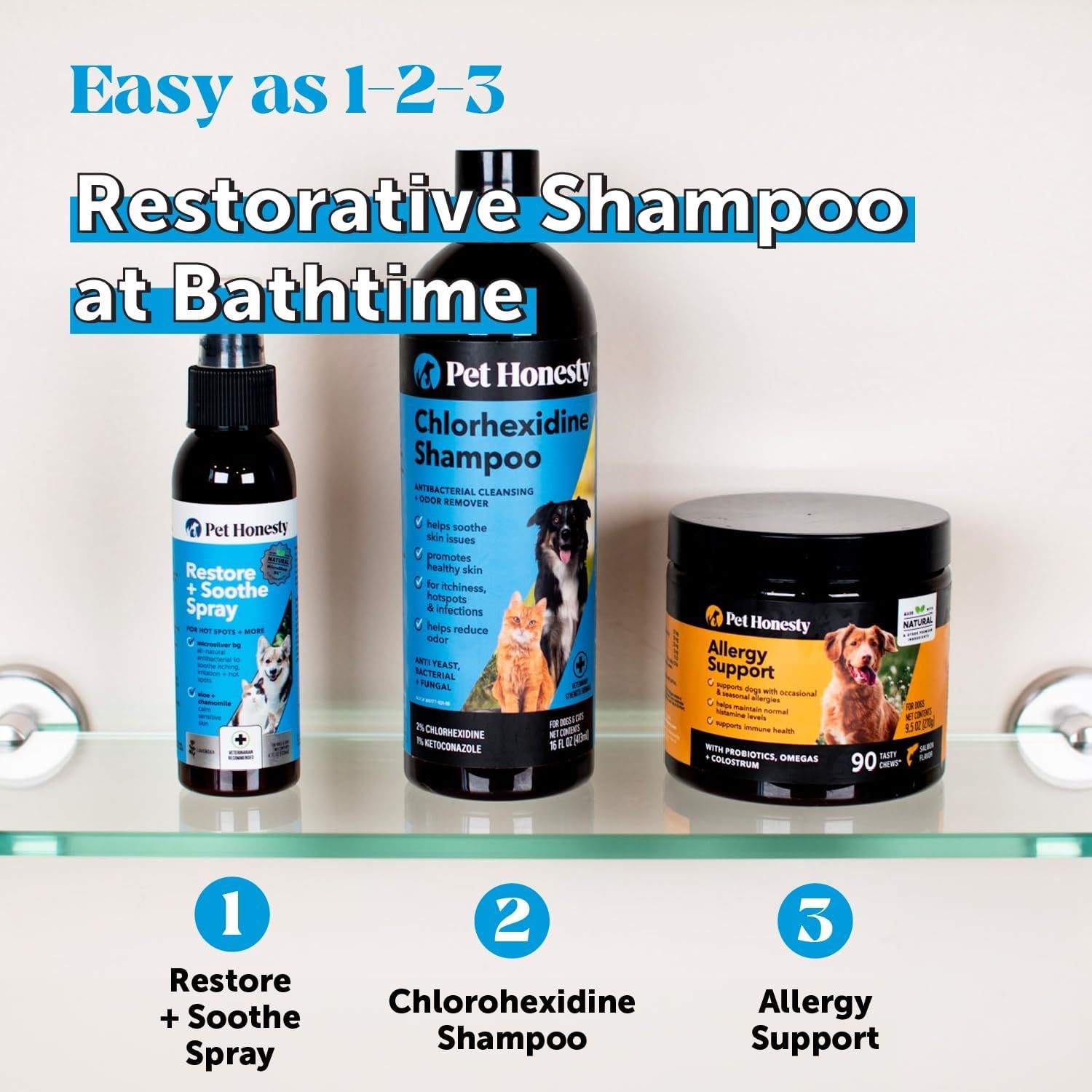 Demonstrates a simple 3-step process for using the brand's pet care products during bathtime, making the routine easy to understand and follow. Showcases the Pet Honesty brand's complementary…