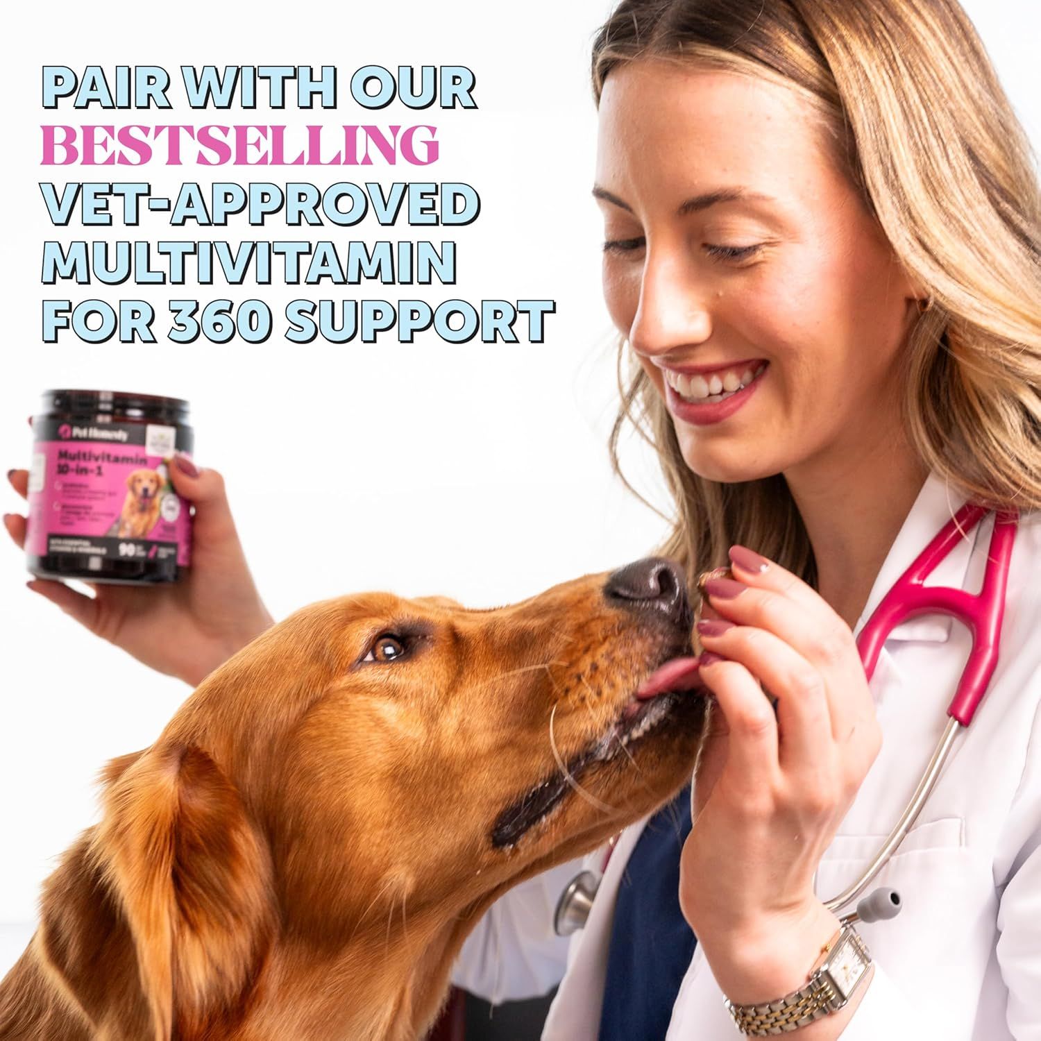 Encourages shoppers to pair this product with the brand's bestselling vet-approved multivitamin, reinforcing trust through professional endorsement and promoting a complementary purchase.