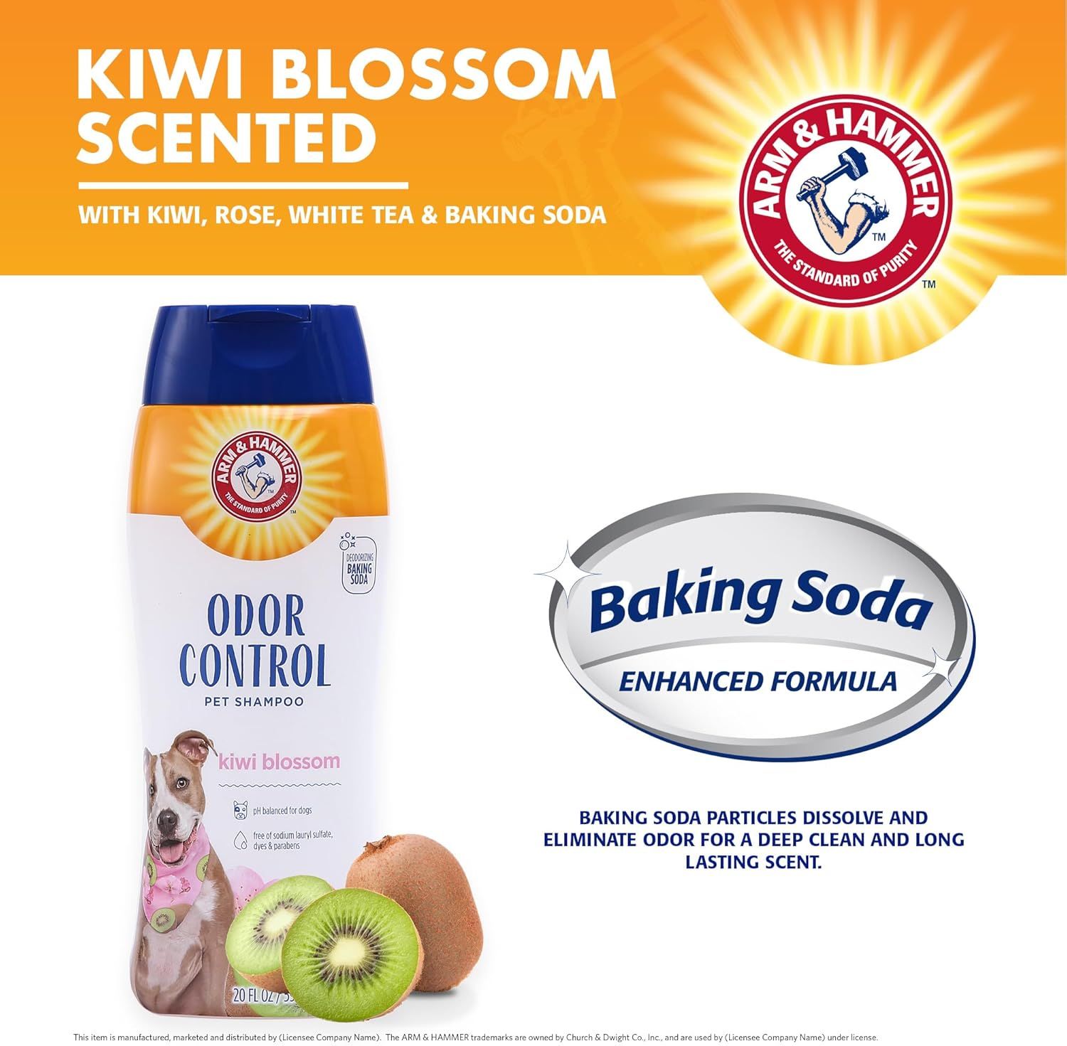Communicates that the pet shampoo contains baking soda particles that dissolve and eliminate odors for a deep clean and long-lasting scent, reassuring pet owners of effective odor control.