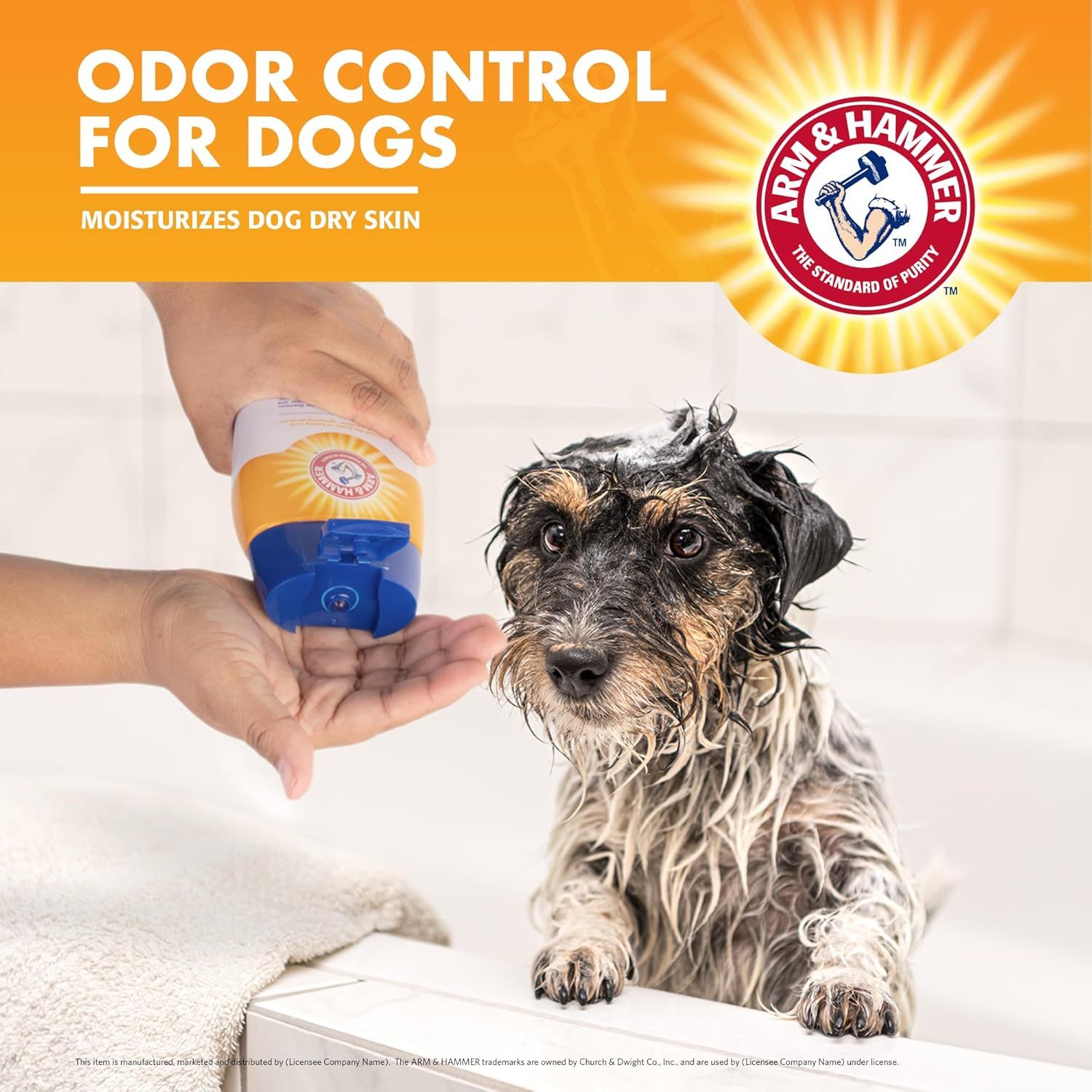 Communicates that this Arm & Hammer dog product provides odor control while also moisturizing dry skin, reassuring pet owners of dual benefits in a simple, easy-to-understand lifestyle context.