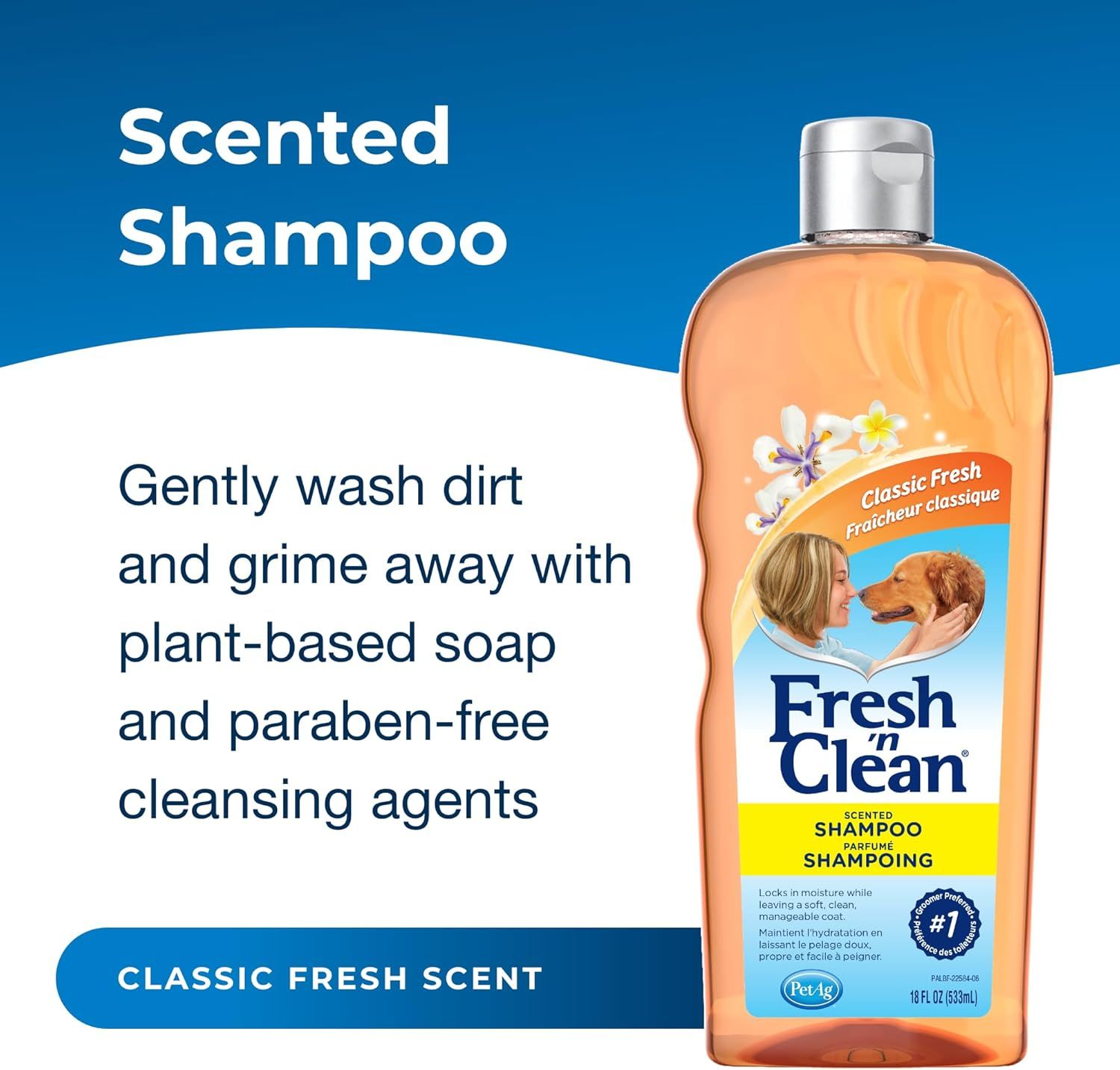 Communicates that the shampoo uses gentle, plant-based, and paraben-free ingredients to clean pets, reassuring shoppers about product safety and effectiveness.