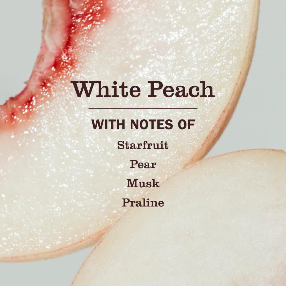 Communicates the product's scent profile by listing the fragrance notes (White Peach with Starfruit, Pear, Musk, Praline) to help shoppers understand what the product smells like.