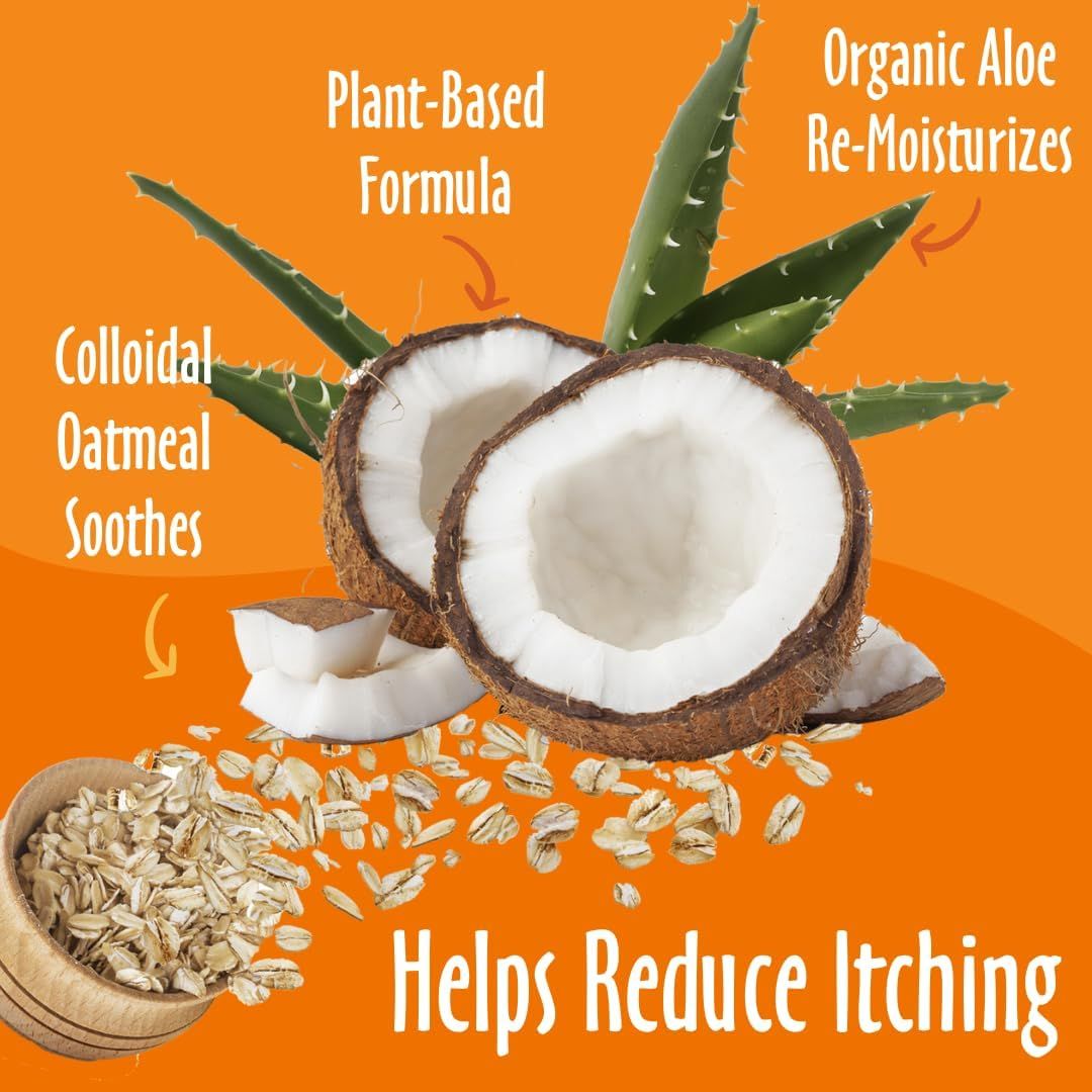 This image breaks down the key ingredients in the product formula, using arrows and callouts to highlight each component (plant-based formula, colloidal oatmeal, organic aloe) and their benefits…