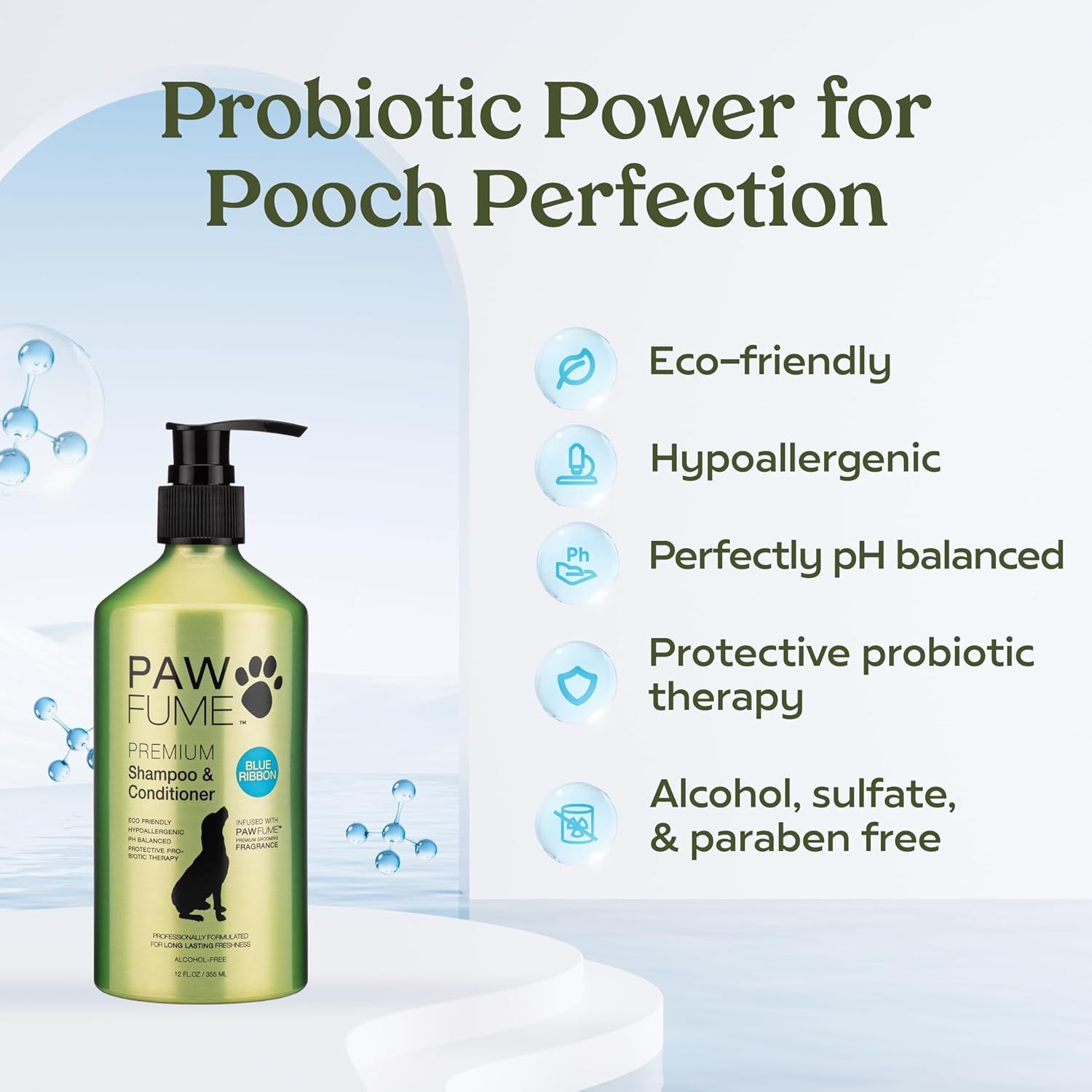 Communicates multiple key benefits of the dog shampoo to reassure shoppers about its safety, effectiveness, and eco-conscious formulation.