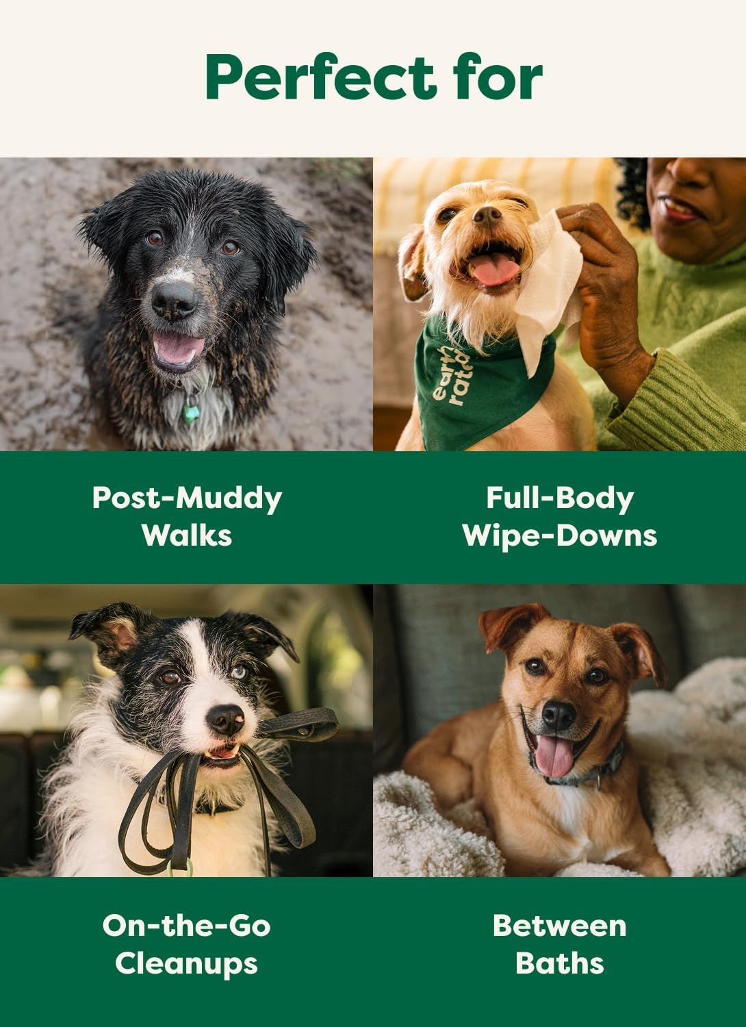 Demonstrates the versatility of the product by showing four distinct use scenarios for pet cleaning, reassuring shoppers that the product works in multiple real-world situations.
