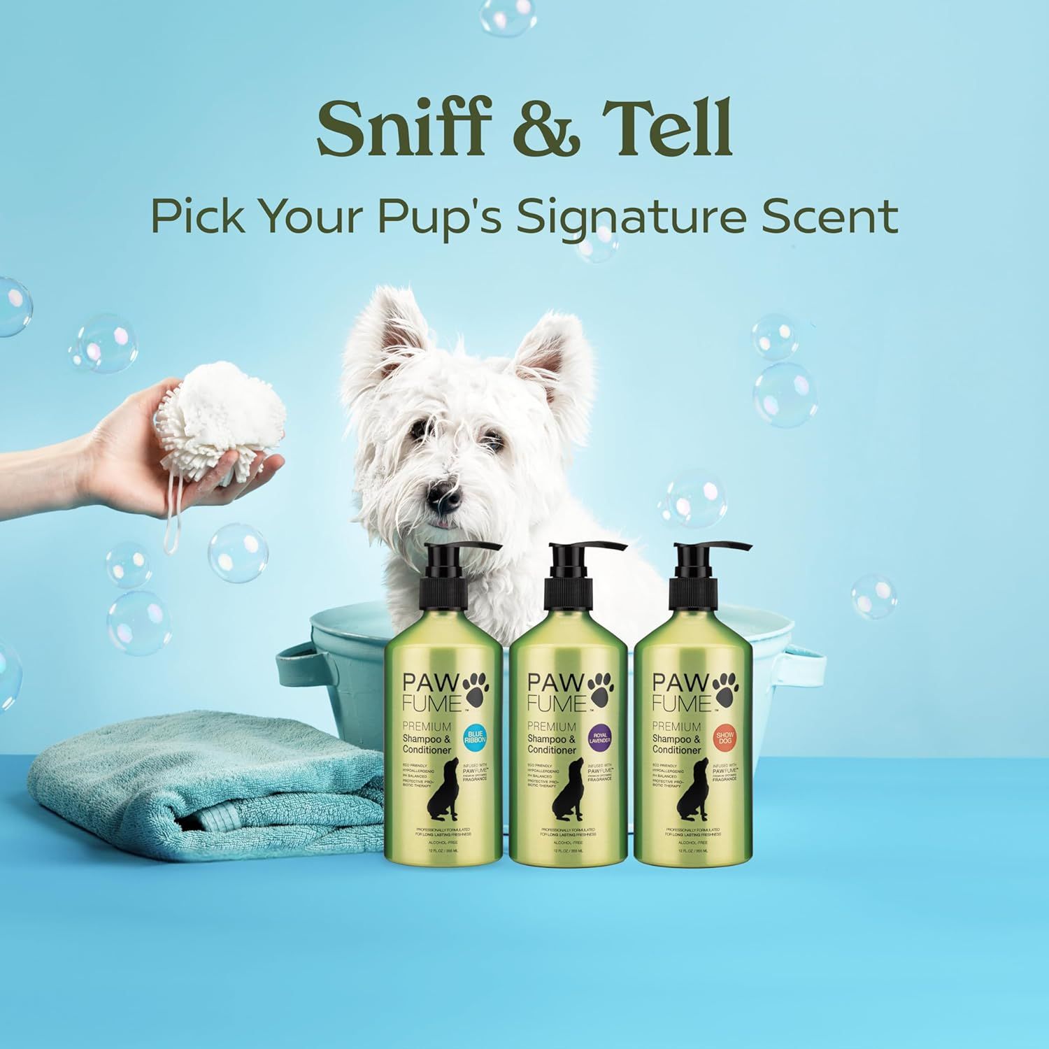 Showcases the brand's product lineup of dog shampoos in different scent options, helping shoppers choose which variant best suits their pet's needs.