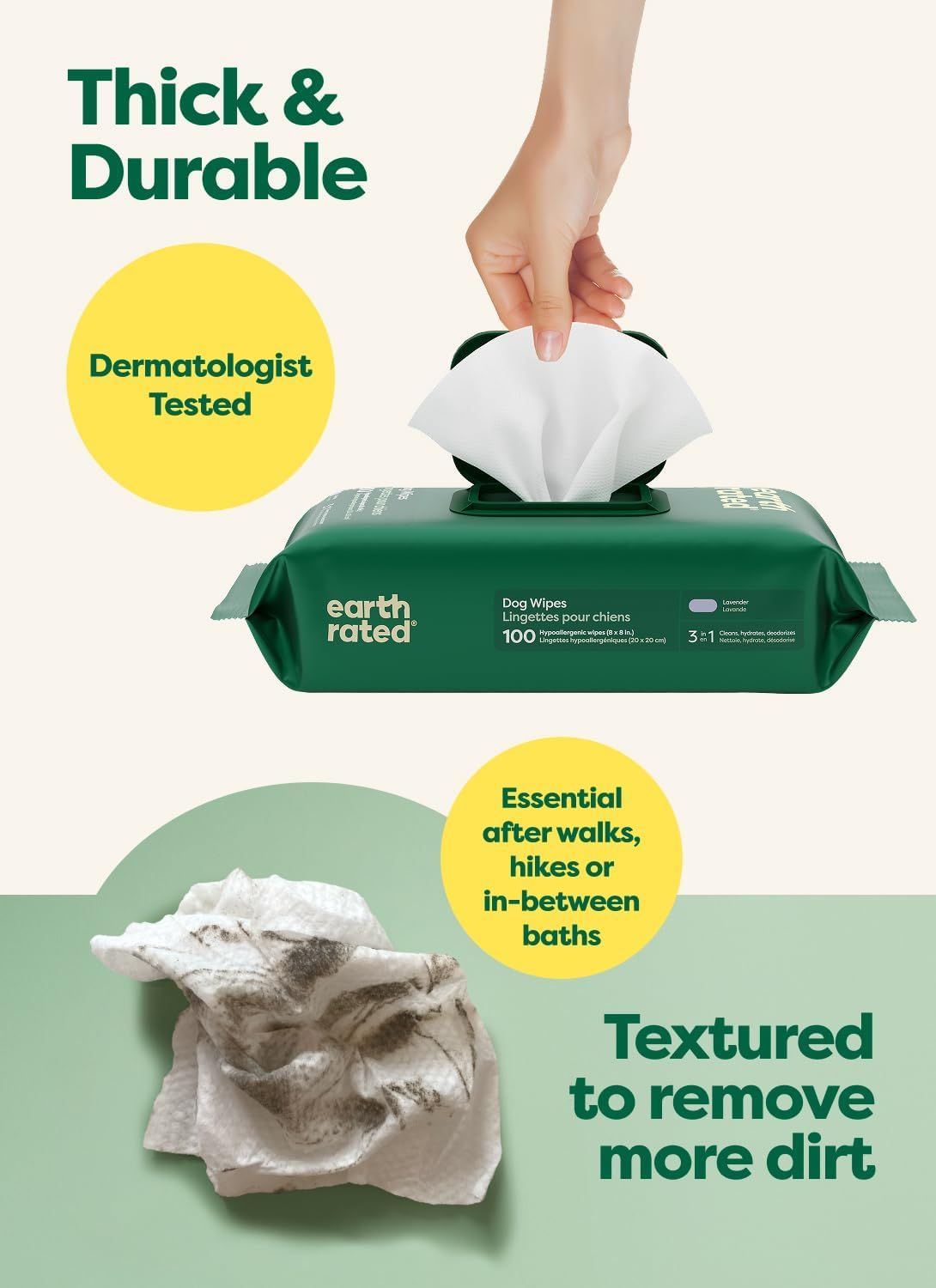 Communicates multiple key benefits of the dog wipes including durability, safety testing, and effective cleaning texture to reassure pet owners of quality and performance.