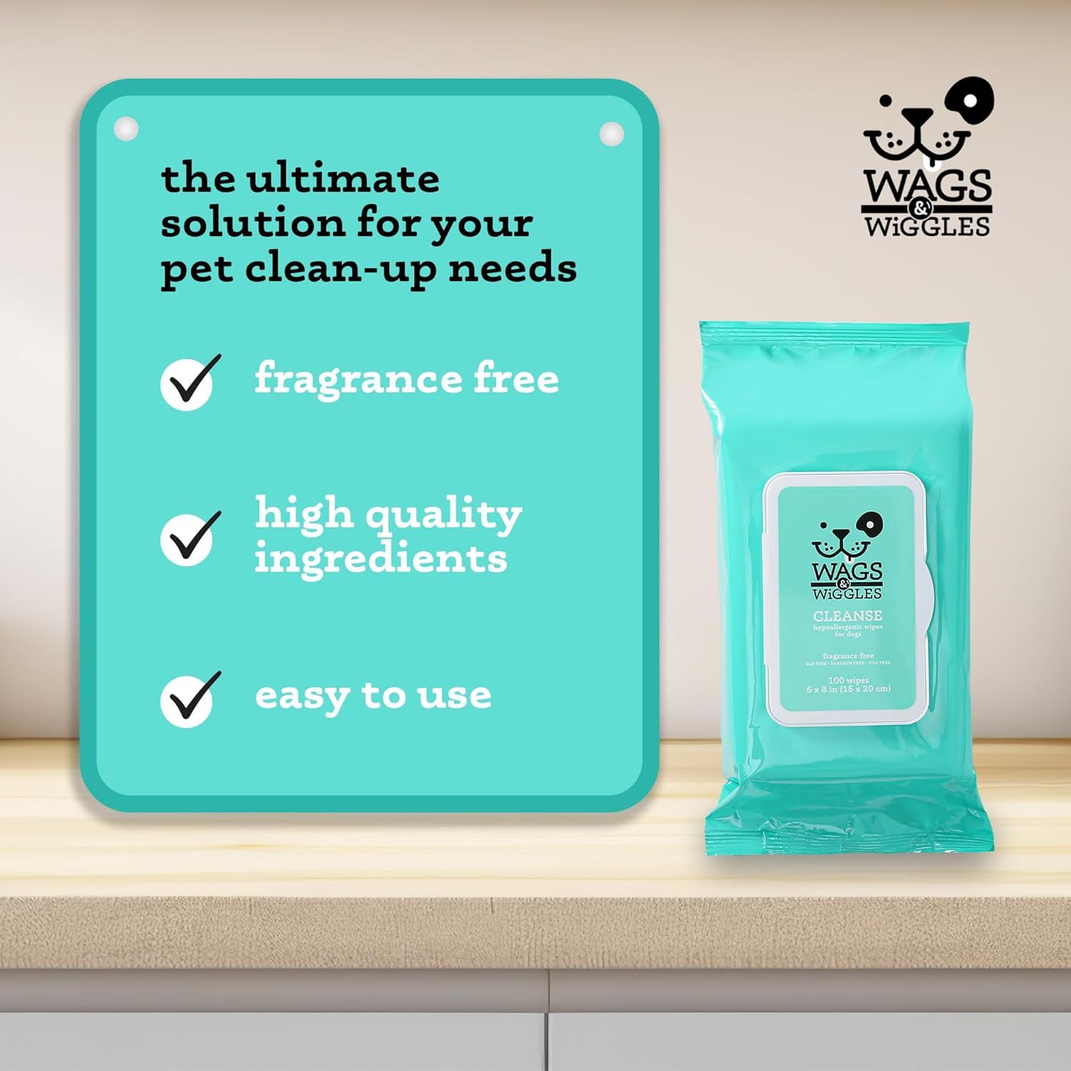 Communicates three distinct product benefits in a checklist format to reassure pet owners that these wipes are safe, effective, and convenient for pet clean-up.