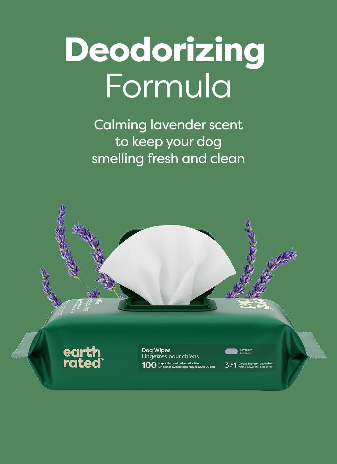 Highlights the product's deodorizing formula with calming lavender scent to reassure shoppers that the wipes will keep their dog smelling fresh and clean.