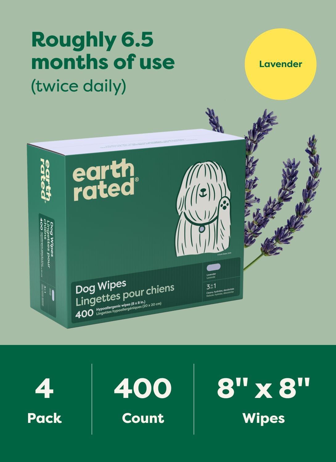 Communicates the product's value by showing how long one package lasts (6.5 months with twice-daily use) and the quantity included (400 wipes), reassuring shoppers of the product's longevity and…