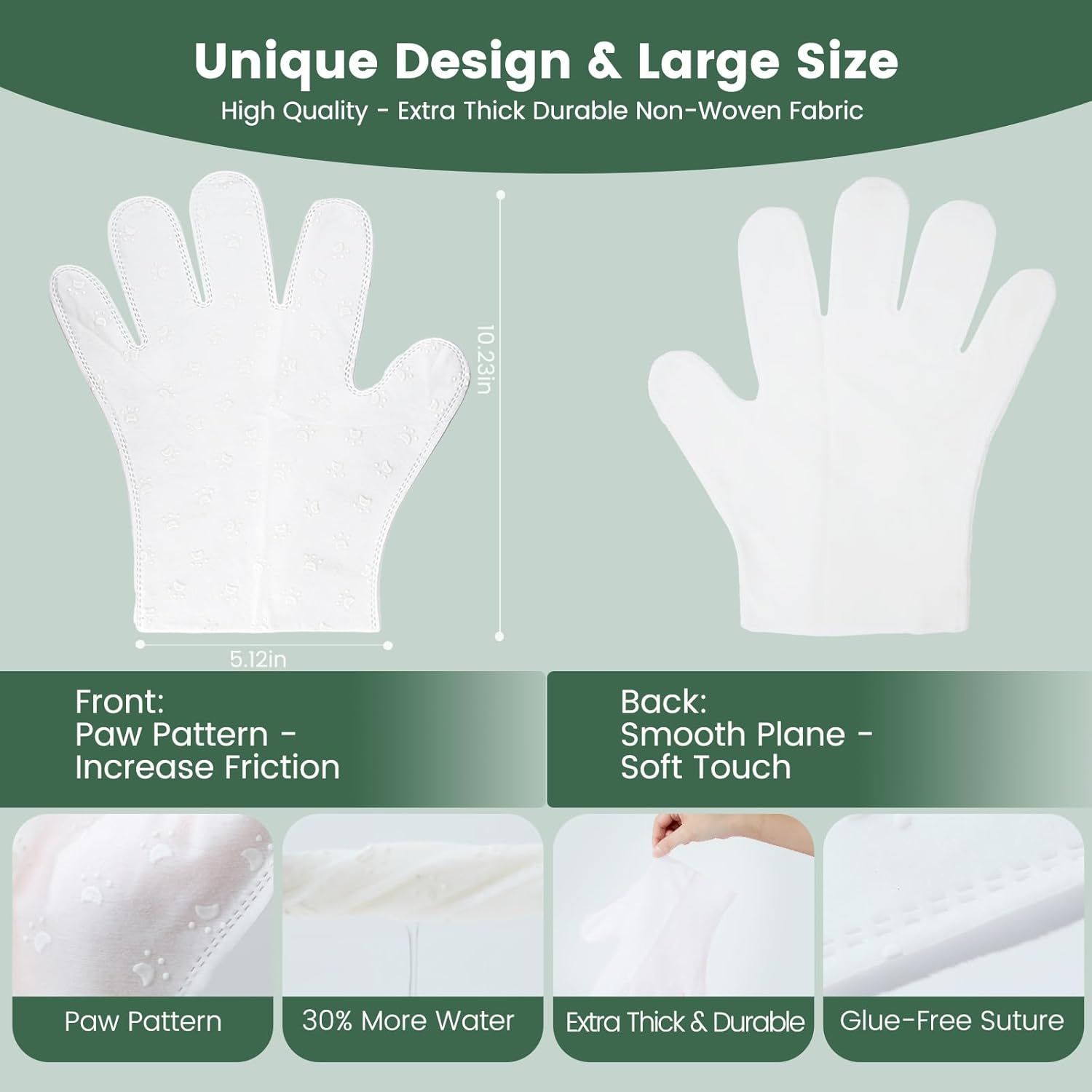 Communicates multiple distinct product benefits in a segmented layout, including size dimensions, dual-sided design features, material quality, and construction method to reassure shoppers of…