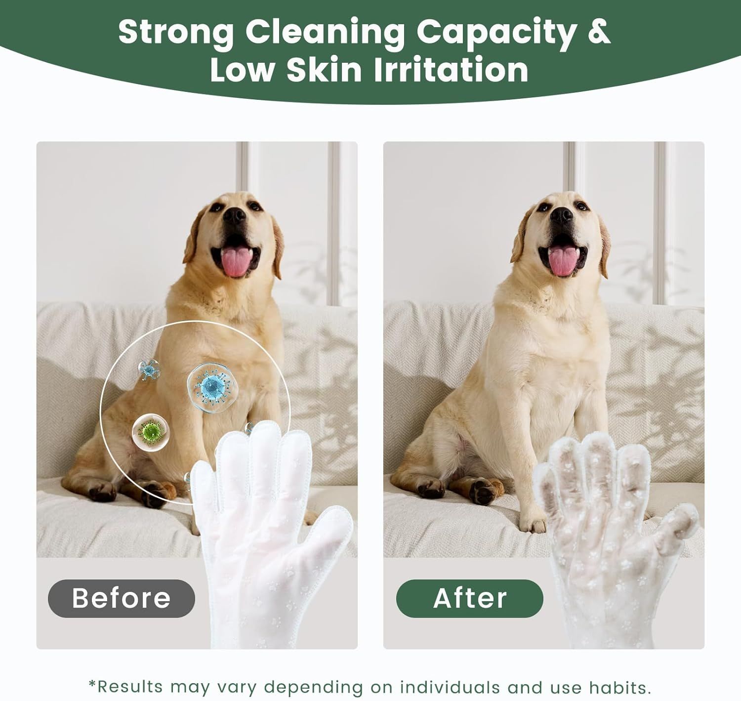 Demonstrates the product's effectiveness by showing a visual transformation from dirty (with visible germs/bacteria) to clean, while reassuring shoppers that it cleans thoroughly yet gently on skin.