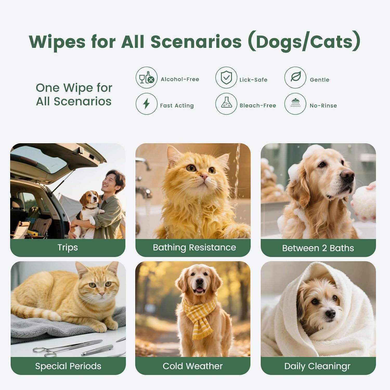 Demonstrates the product's versatility by showing six different scenarios where pet wipes can be used (trips, bathing, between baths, special periods, cold weather, and daily cleaning), reassuring…