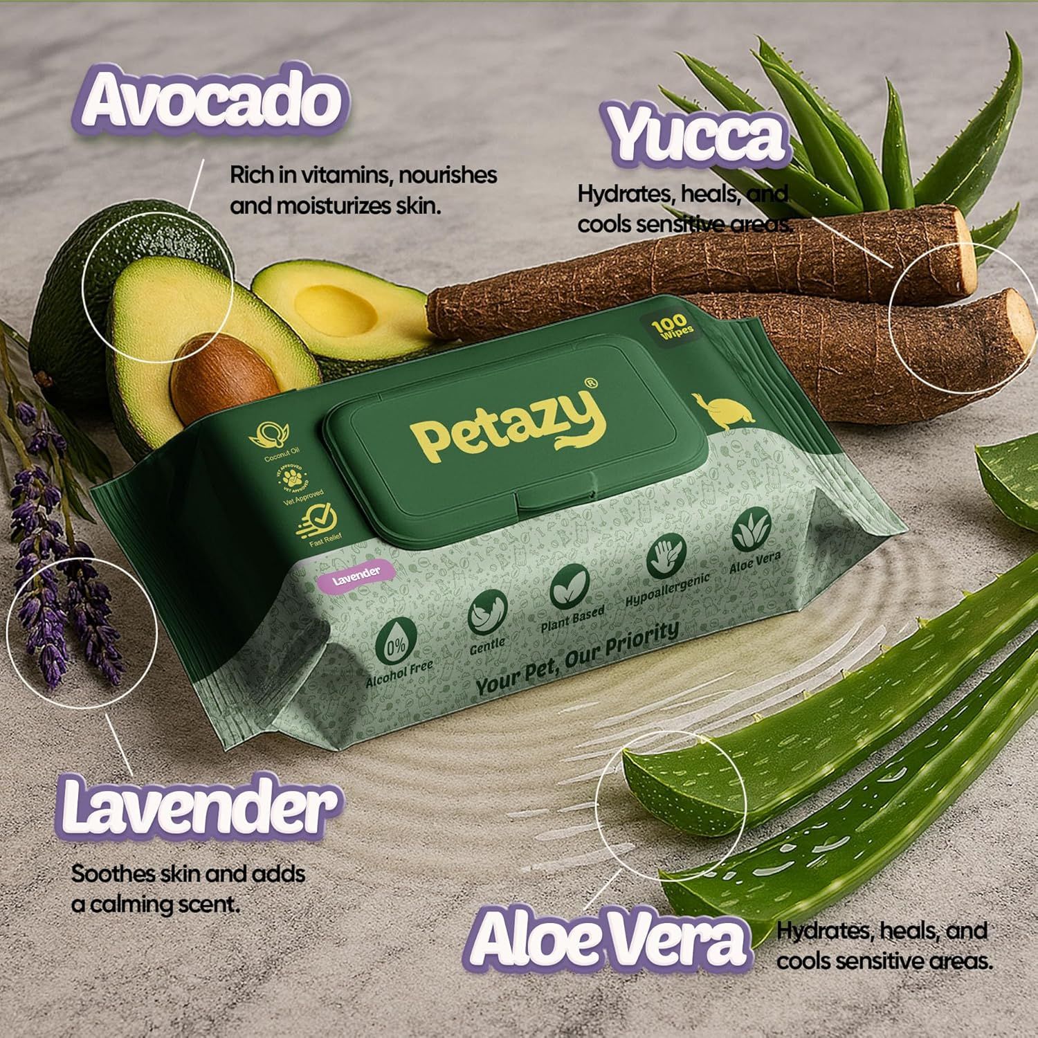Breaks down the key natural ingredients in the pet wipes and explains the specific benefit each ingredient provides, reassuring shoppers about the product's gentle, plant-based formulation.