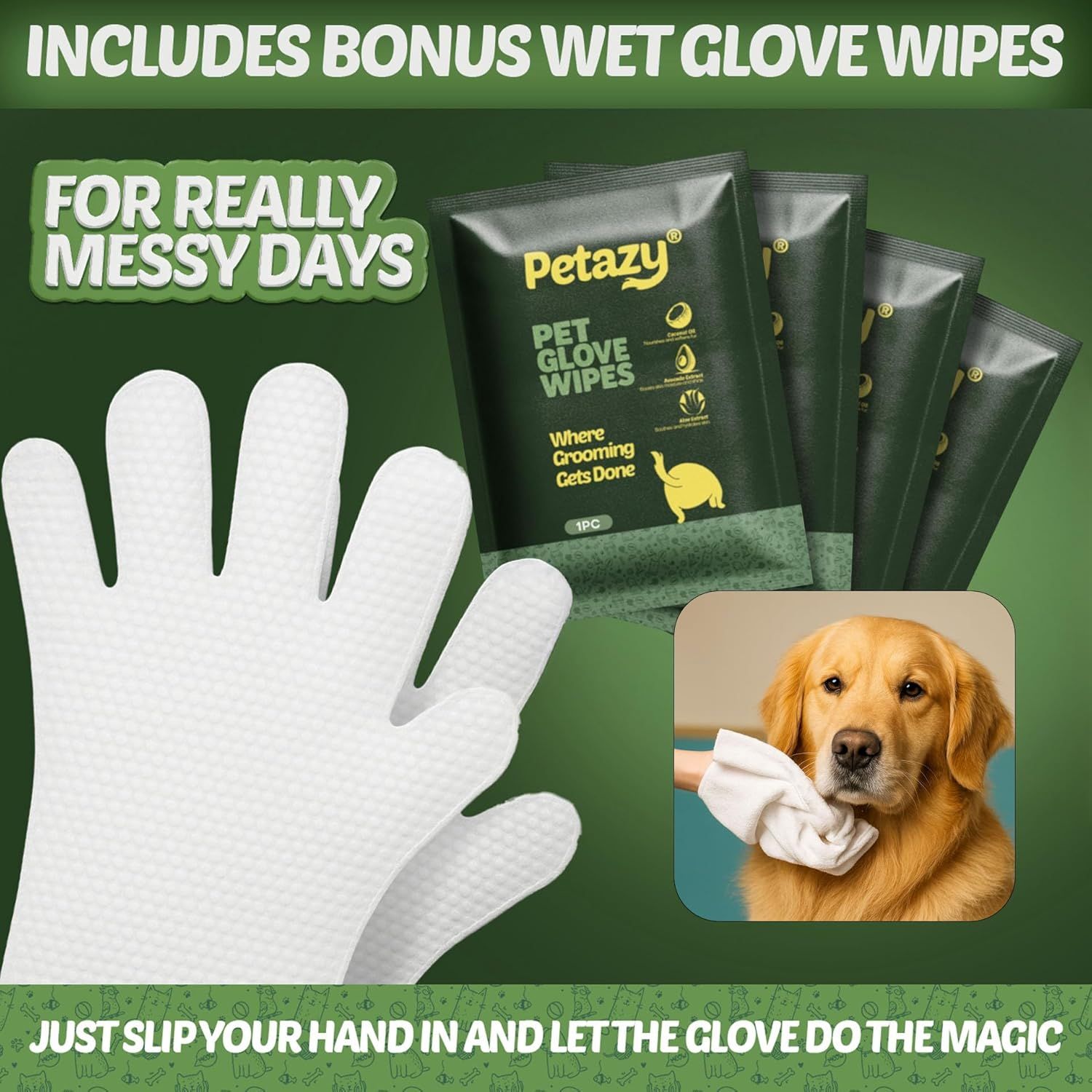 Communicates that the product includes bonus wet glove wipes as part of the purchase, adding value and convenience for pet grooming on messy days. Highlights the ease of use and convenience of the…