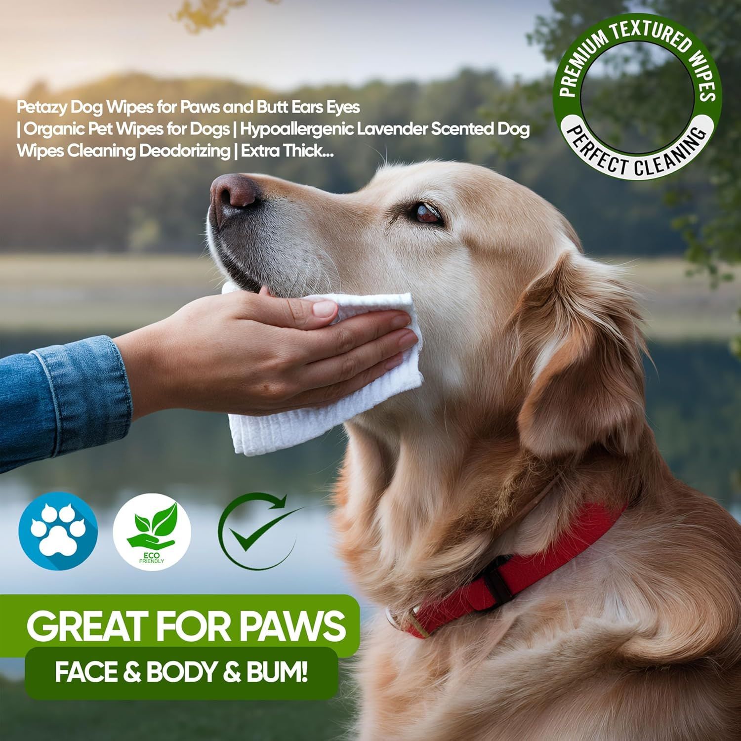 Demonstrates the versatility of the dog wipes by showing they can be used on multiple areas of the pet (paws, face, body, and bum), reassuring shoppers of the product's comprehensive cleaning…